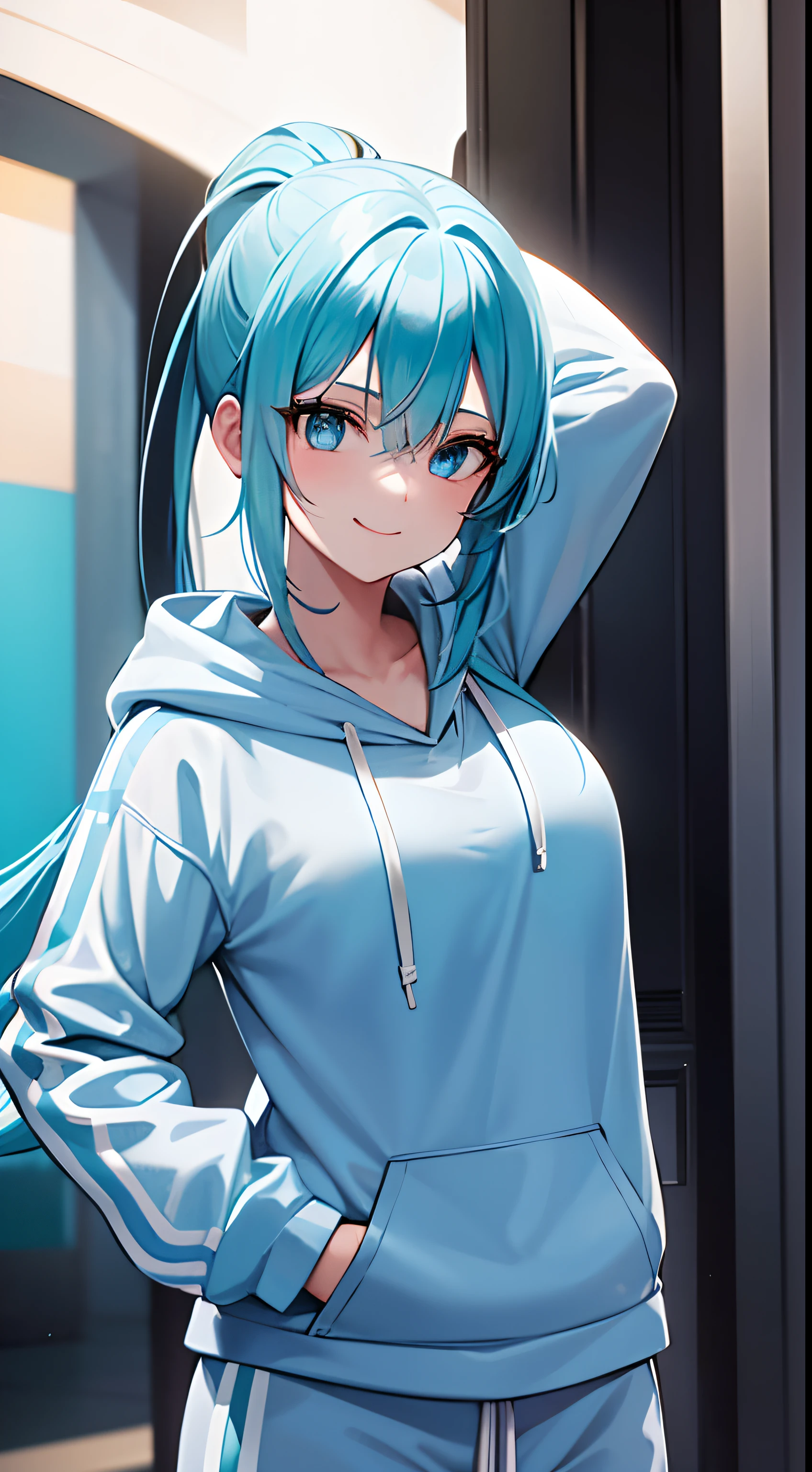 A girl with Aqua Blue Hair, Aqua blue eyes, Long Hair, Single Pony Tail, Wearing a White Hoodie and Track pants, smiling Portrait Picture, Anime Wallpaper