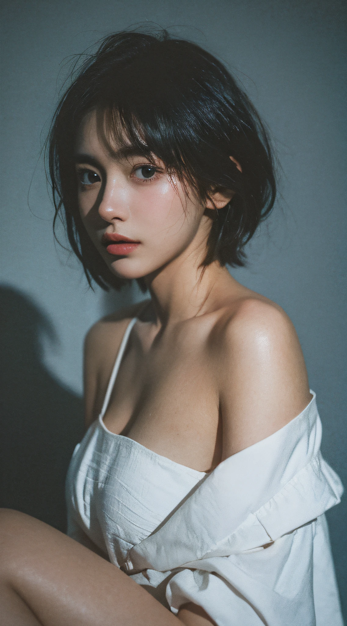 Best quality, masterpiece, ultra high res, (photorealistic:1.5), raw photo, 1girl, offshoulder, in the dark, deep shadow, low key, cold light, sexy look, short hair