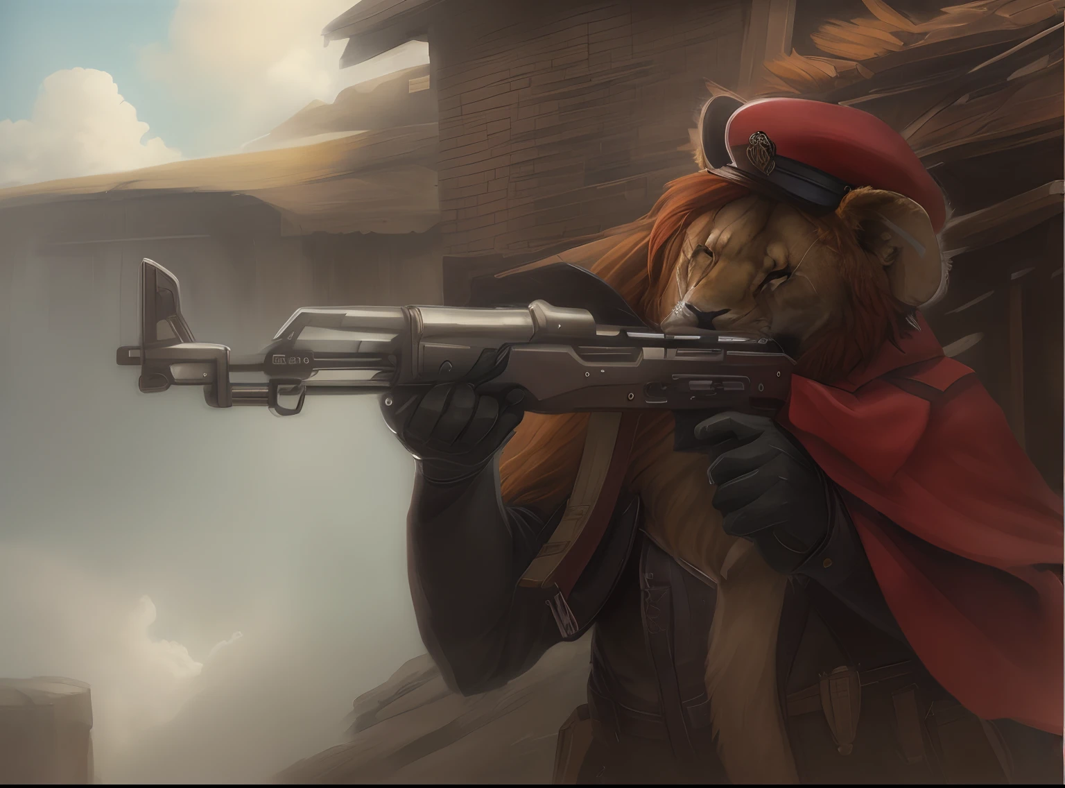 真实感, Realism, Clear visualization of fine details of the exterior, Adult Lion, Painting by Jean-Baptiste Monge depicting a large adult lion, Bright red mane, Evil Look, dressed in military uniform, hat on his head, In the hands of a weapon, stands on a ledge, , jean - baptiste monge, anthropomorphic --ar 2:3 --testp -optimistic;