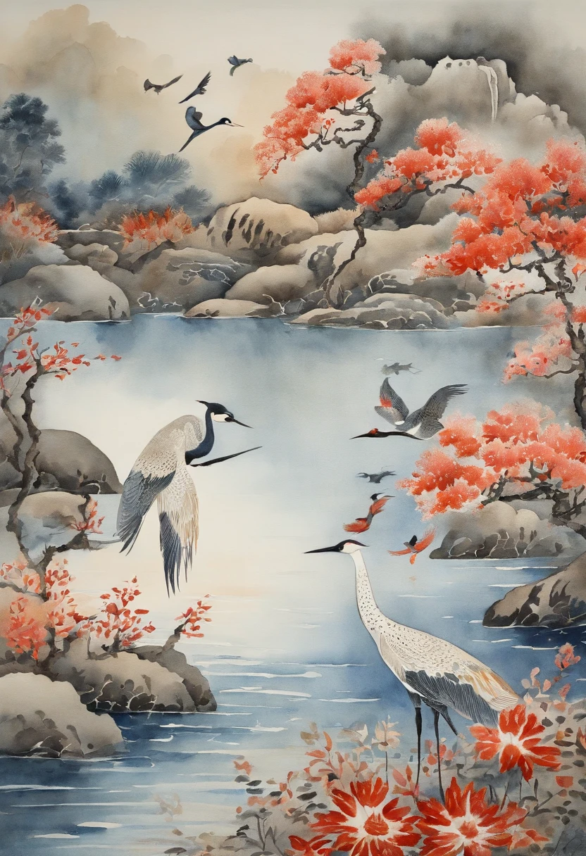 Best Quality, style of hokusai, ukiyoe painting, femele,Cranes and carp in the pond