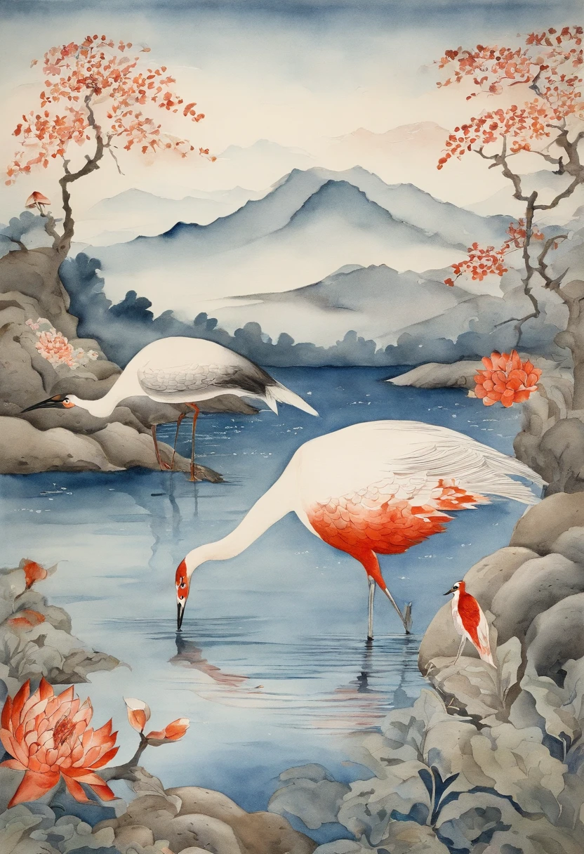 Best Quality, style of hokusai, ukiyoe painting, femele,Cranes and carp in the pond