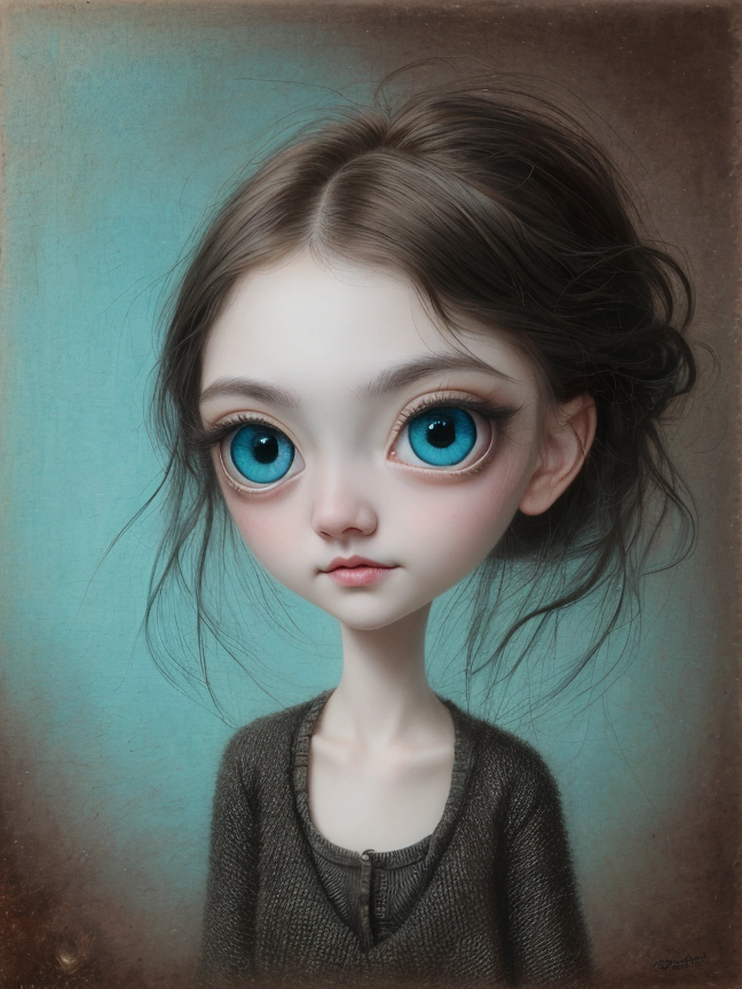 Un primer plano de una chica muy triste con el pelo largo (rubio) And the big blue eyes showing huge ((pechos)), Anton Semenov, Mark Ryden muy detallado, Estilo Mark Ryden, Mark Ryden en el estilo de, Estilo de Mark Ryden, inspirado por Mark Ryden, Naoto Hattori, Adorable pintura digital, cara linda. DarkFantasy, Estilo Wlop Loish y Clamp, desnuda