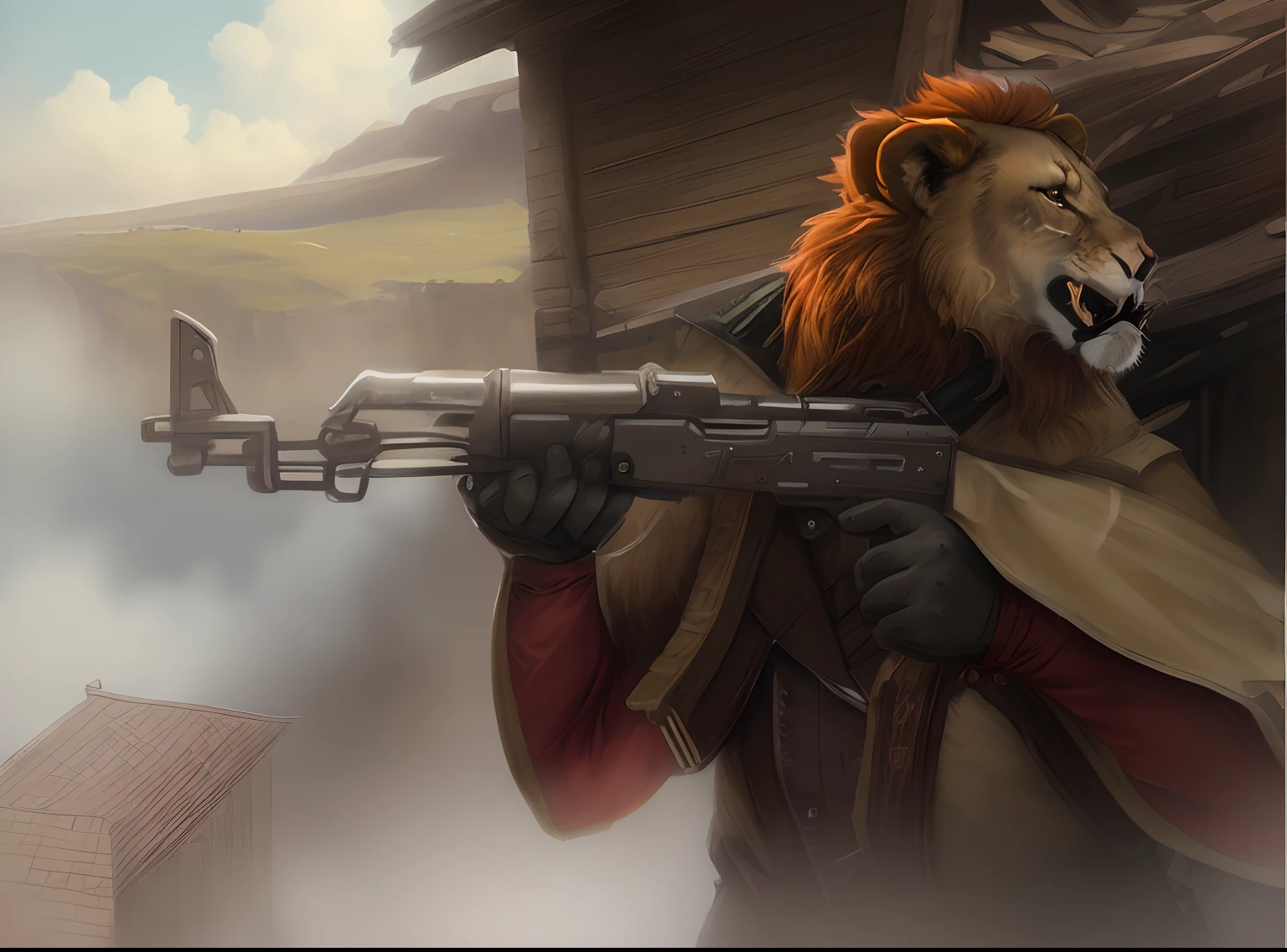 真实感, Realism, Clear visualization of fine details of the exterior, Adult Lion, Painting by Jean-Baptiste Monge depicting a large adult lion, Bright red mane, Evil Look, dressed in military uniform, hat on his head, In the hands of a weapon, stands on a ledge, , jean - baptiste monge, anthropomorphic --ar 2:3 --testp -optimistic;