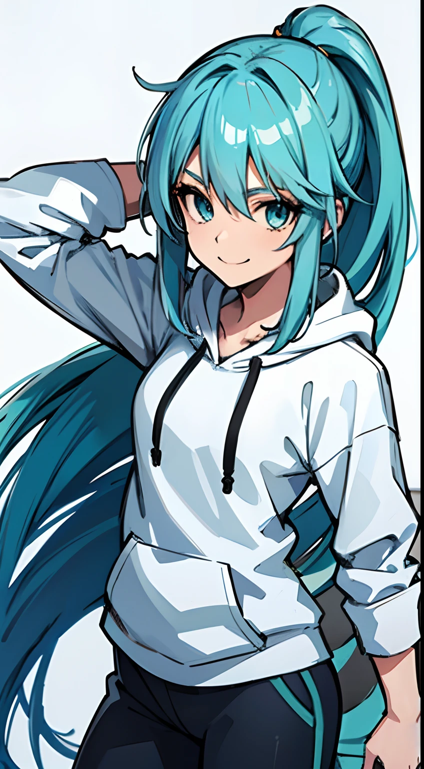 A girl with Aqua Blue Hair, Aqua blue eyes, Long Hair, Single Pony Tail, Wearing a White Hoodie and Track pants, smiling Portrait Picture, Anime Wallpaper