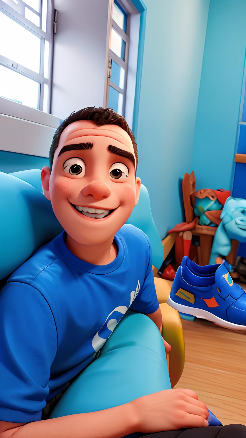 Boy sitting on a sofa with a pair of blue shoes, meu filho! the jaws that bite, imagem de qualidade muito baixa, happily smiling at the camera, he's smiling, imagem desfocada, relaxing and smiling at camera, sneaker photo, sorrindo lascivamente, smiling at camera, smiling at camera, menino com rosto neutro, smiling at camera