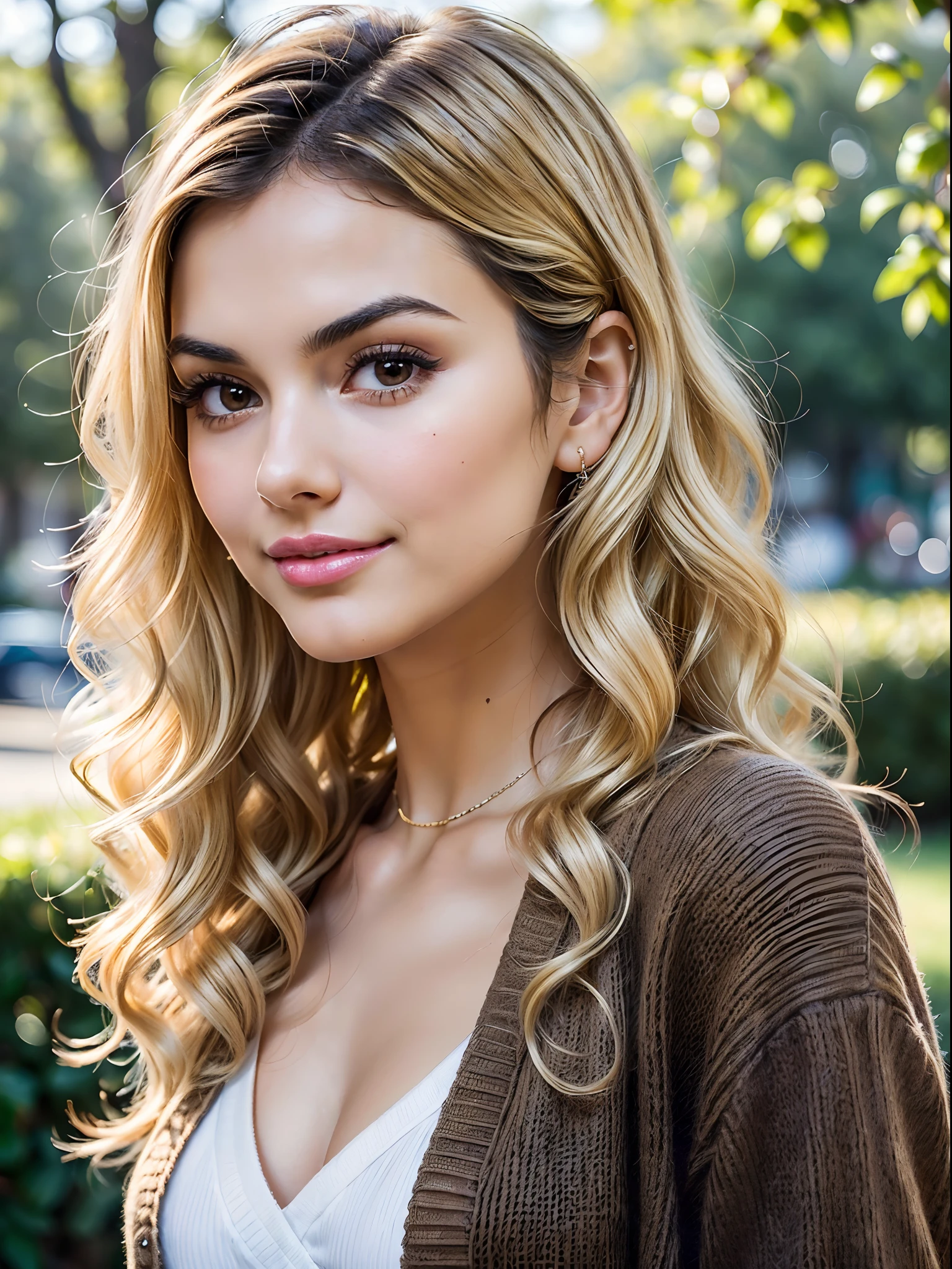(Masterpiece),8k, ultra high quality, ((young) Victoria Justice) with (((((small)))+lips)), ((perfect+((small))+(rounded)+nose+(small+nose bridge)+((feminine))+nose)), ((blonde wavy curly hair)), ((brown))+eyes, wearing a beauitful short open (feminine) cardigan