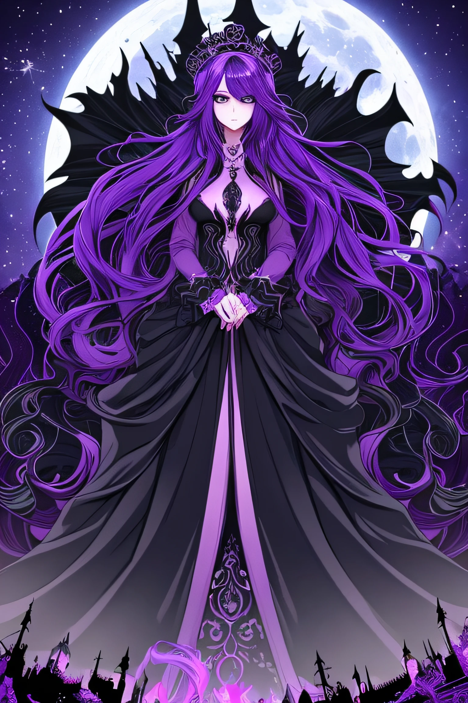 Monster Femal with snakes in the Hair, backround colors black and dark violet. Castle in the backround with magical elements in the air. Green moon in the backround. On the head she has a futuristic crown. She has a long black - violet dress. Beautiful big eyes.