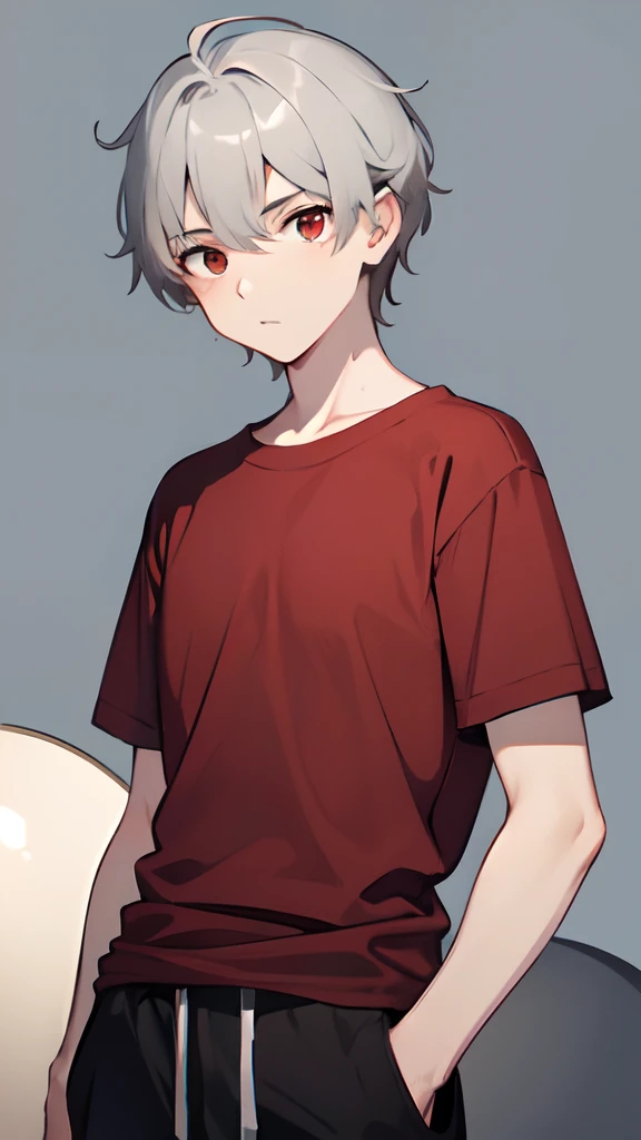 Guy 18 years old, light gray hair, Not inflated, dark red t-shirt, dark sweatpants, red-eyes.