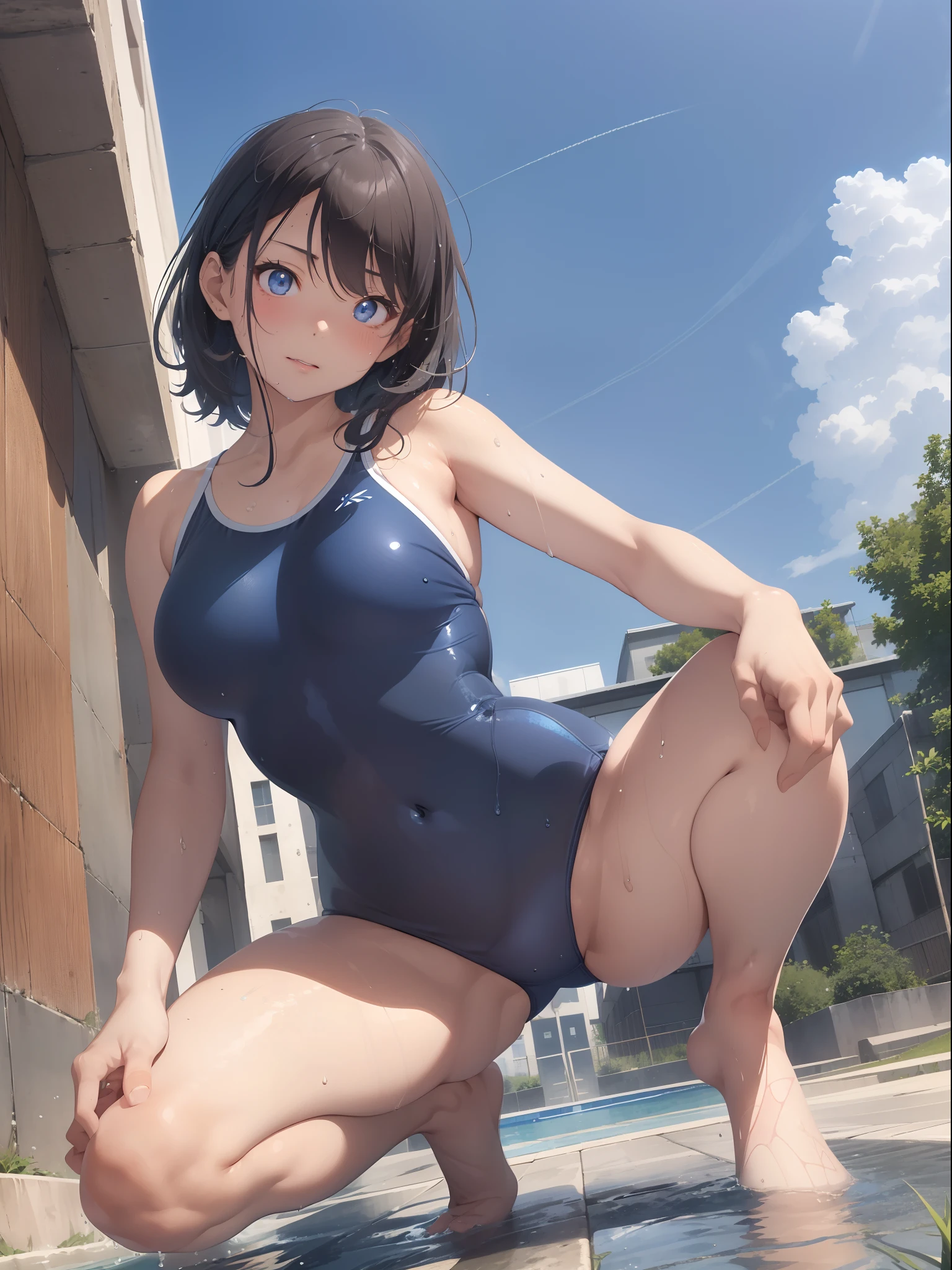 There is a woman in a blue bodysuit kneeling on a tiled floor, Wet swimsuit, wearing a swimming wear, Swimsuit, cute girl wearing a tank suit, Photorealistic perfect body, Smooth Anime CG Art, [ 4 k photorealism ]!!, realistic bikini, next to a pool, By Shinkai Makoto. a digital rendering, Photorealistic anime woman in blue and white swimsuit taking photo, akikazu mizuno, Swimsuit, Wet swimsuit, Sui Ishida, wearing a swimming wear, Yasumoto Oka, Kazue Kato, mayuri shiina, Shiori Teshirogi, wearing leotard, Chiho Ashima, Aoi Ogata Formal Up、beautiful detailed eyes and face、pretty skin、a very cute、22year old、School swim wear(darkblue、Simple design、Matte texture、Wrinkle、Polyester material、Nero、shadings、)Wet body、Anime Face、Beautie、Facing the front、big eye(Beautiful fece、Anime Face、Clear eyes、Fine details、Beautiful eyes)Well-formed face(Beautiful nasal muscles、Perplexed、sharp mouth)full of sweat、sodden、Wet feeling、Background with(sunny sky、takeout)、8K picture quality、perfectly proportions、A slender、red blush、female focus on, hair adornments,length hair, Look at viewers,((((Full-HD))))