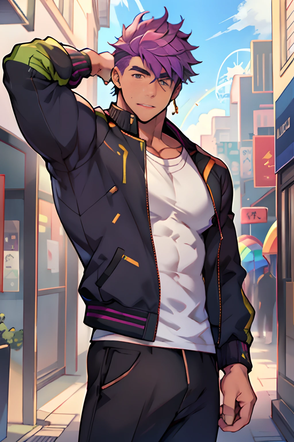 1boy,male focus,jacket,pectorals,solo,shirt,open jacket,open clothes,short hair, rainbow hair,outdoors,looking at viewer,pants,closed mouth, extremely muscular masculine figure,off shoulder,city,muscular male,