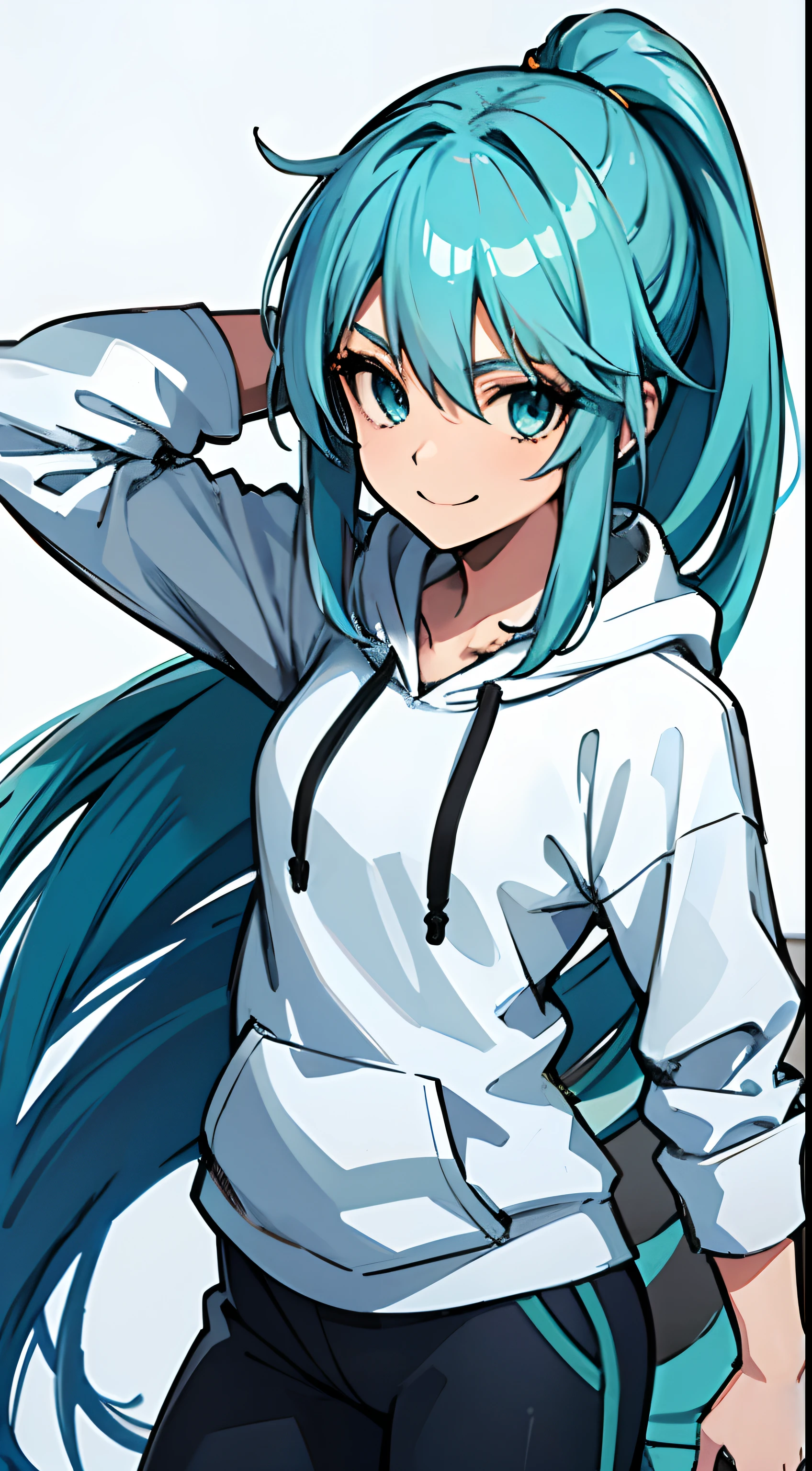 A girl with Aqua Blue Hair, Aqua blue eyes, Long Hair, Single Pony Tail, Wearing a White Hoodie and Track pants, smiling Portrait Picture, Anime Wallpaper