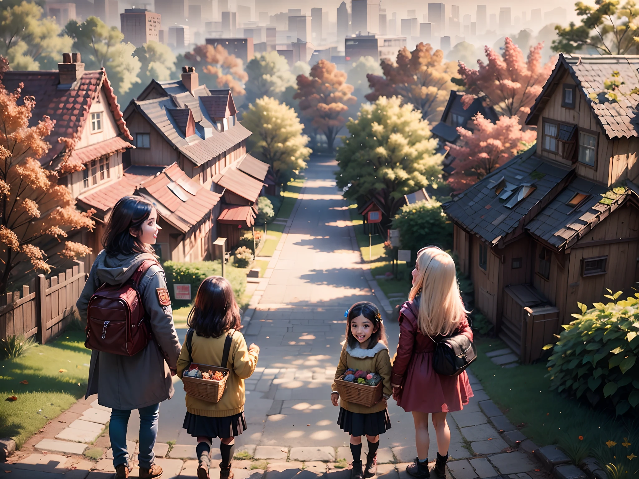 Foreground of the town, overlooking houses, trees and a playground. Children Sasha, Olya and Max are standing in front of their house, each of them holding a picnic basket. They are smiling and excited. --auto --s2