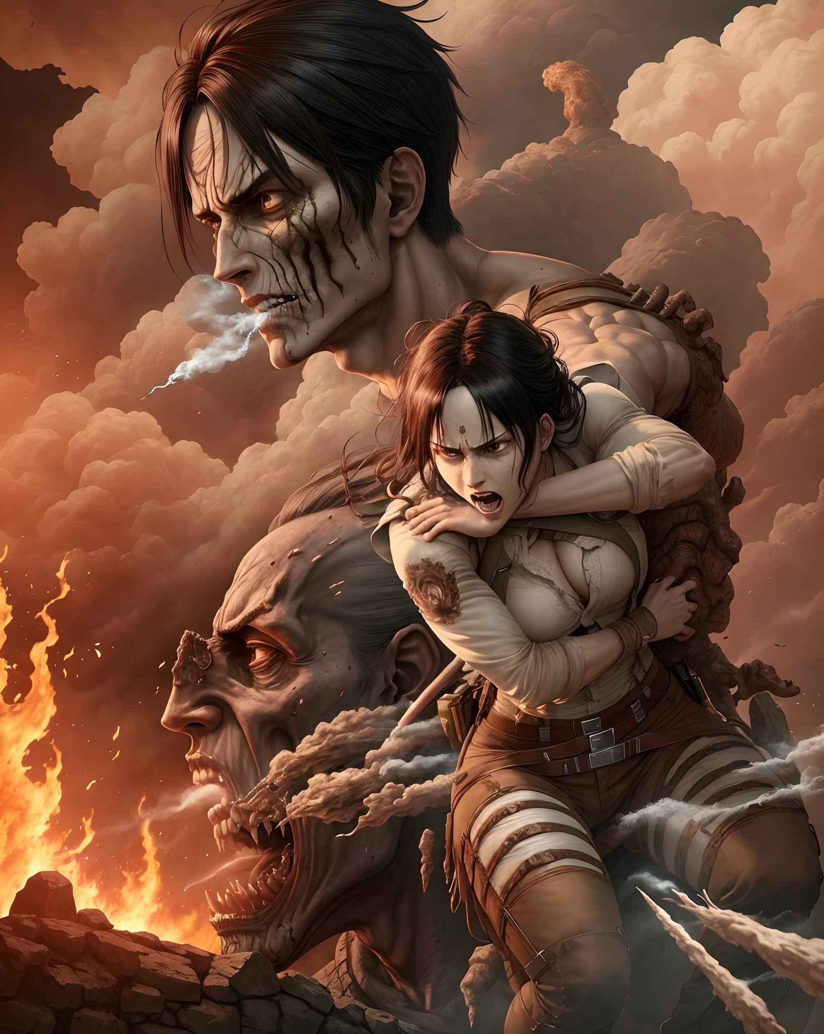 A photorealistic portrait of the Attack on Titan anime ending, featuring Eren Yeager in his Titan form battling the Female Titan. The portrait captures every detail of the scene, from the expressions on the characters' faces to the smoke and fire in the background. (masterpiece:1.2) (illustration:1.2) (best quality) (detailed) (intricate) (8k) (HDR) (wallpaper) (cinematic lighting) (sharp focus)
