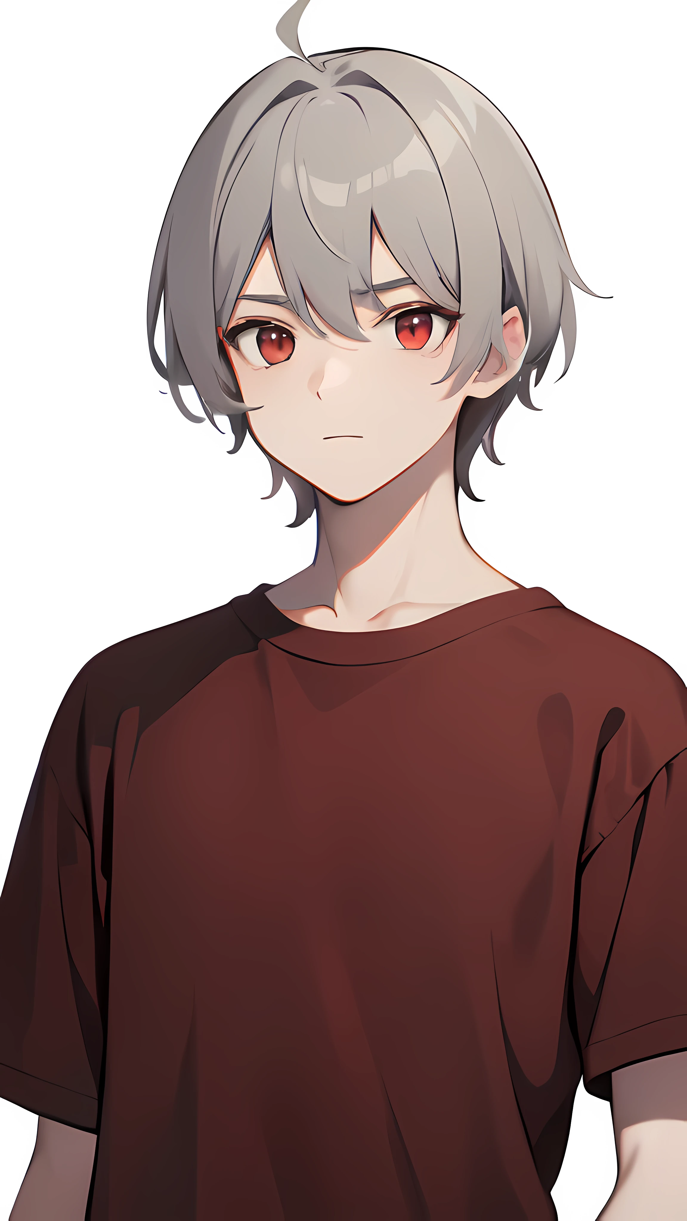 Guy 18 years old, light gray hair, Not inflated, dark red t-shirt, dark sweatpants, red-eyes.