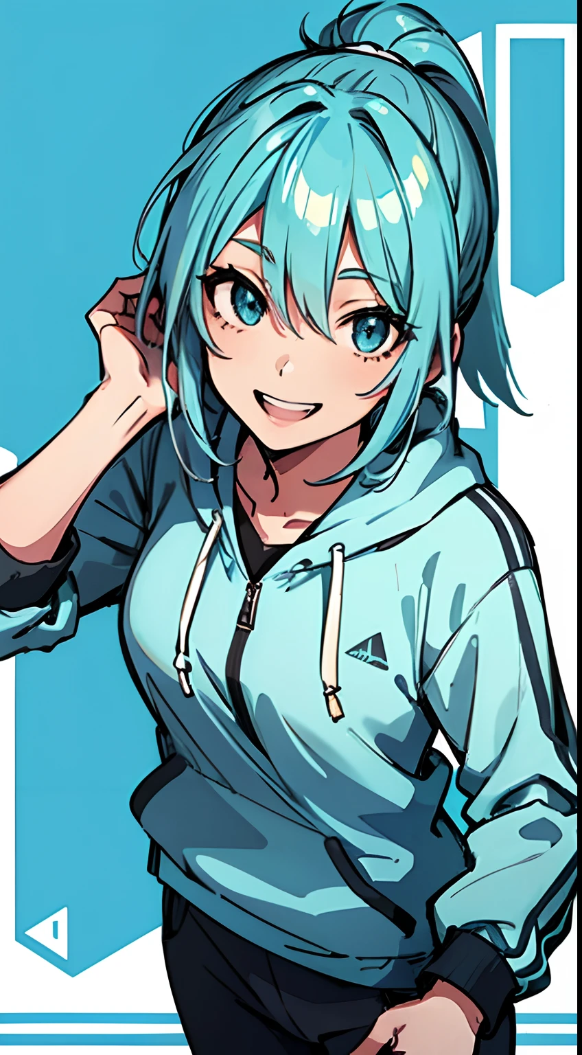 A girl with Aqua Blue Hair, Aqua blue eyes, Long Hair, Single Pony Tail, Wearing a White Hoodie and Track pants, smiling Portrait Picture, Anime Wallpaper