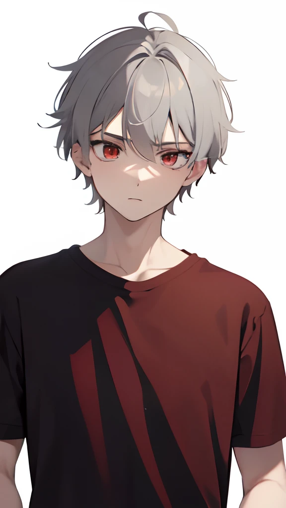 Guy 18 years old, light gray hair, Not inflated, dark red t-shirt, dark sweatpants, red-eyes.