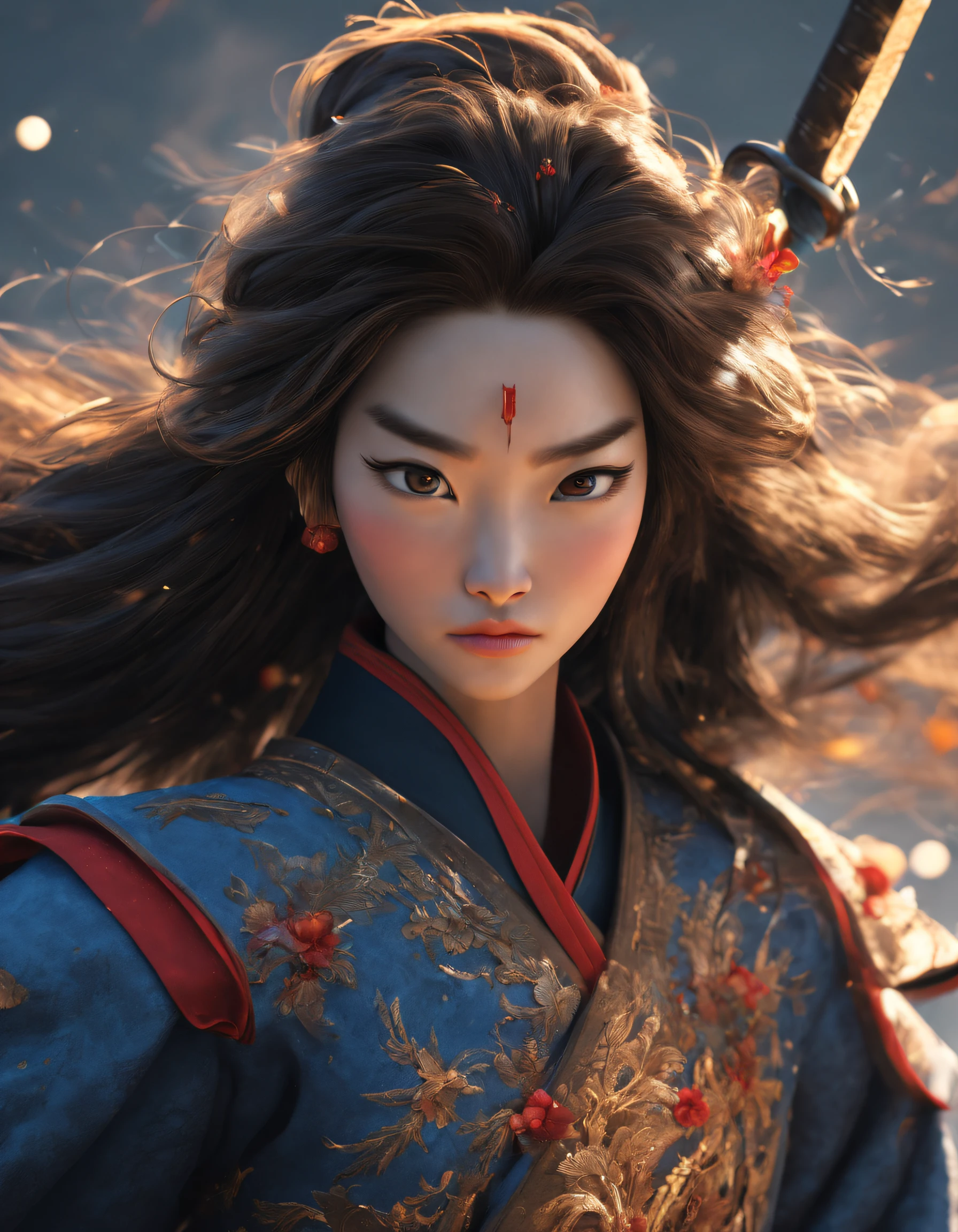 3D rendering of (Close-up of Mulan and the sword), （Very long sword），（Sword），The upper body wears dark blue armor made of fish scales and iron， The armor was also inlaid with golden stars，floral embroidery，Cloak decorated in black and gold， Very long hair, Ebony hair, Big black eyes, Long eyelashes, Sexy red lips, Resolute expression, disney movie《Mulan》, Martial arts, Kungfu, Chinese exquisite clothing, Wield your sword，Cut through the clouds, As estrelas，embroidery
background: (blood spatter：1.37），（Red Phoenix: 1.1）, Dusty,,{{Masterpiece}}, {{{Best quality}}},{{Ultra-detailed}}, {{illustration}},{{Disheveled hair}},{{Masterpiece}},{{{Best quality}}},{{Ultra-detailed}}, {{{illustration}}},{{Disheveled hair}},Clear facial features,close up photograph,,Alphonse Mucha,Pixar style,Cartoon style,beatrix potter  ,Refined atmosphere,Intense atmosphere, microscopic view,Close-up(CU),Extreme closeup,back Lighting,