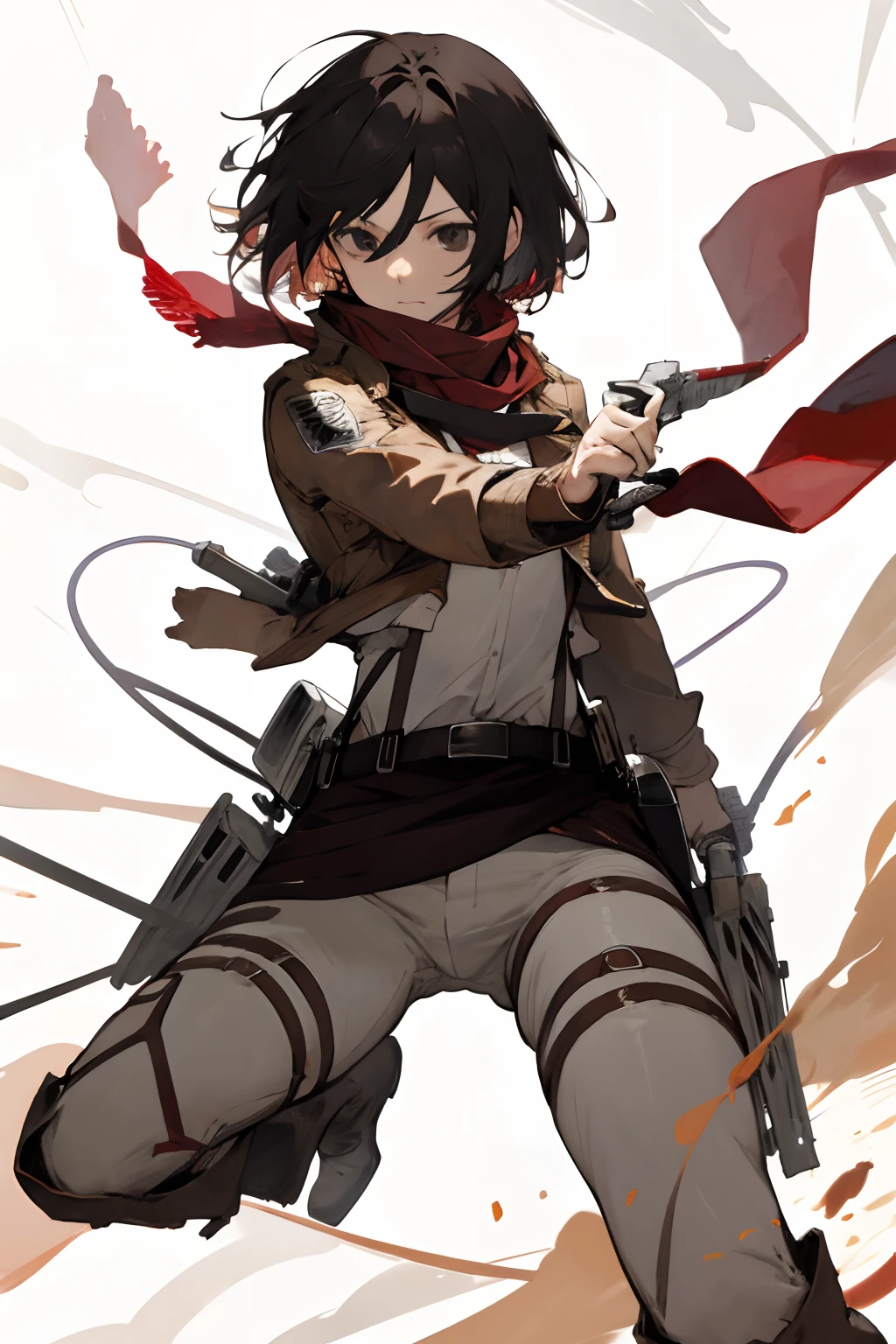 masterpiece, best quality, highres, hmmikasa, short hair, black eyes, scarf, emblem, belt, thigh strap, red scarf, white pants, brown jacket, long sleeves, holding weapon, sword, dual wielding, three-dimensional maneuver gear, fighting stance, sky,