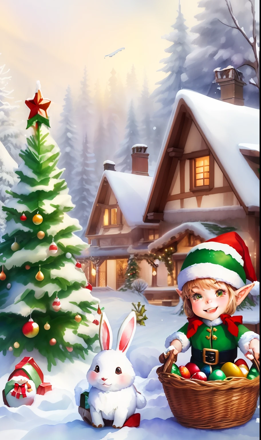 Background picture smiling CHRISTMAS Elf, and Easter Bunny, in the christmas forest snowy tree, featuring a house covered in snow and surrounded by Christmas decorations, Watercolor, trending on artstation, baskets filled with Christmas fruits, sharp focus, studio photo, intricate details, highly detailed, in the style of Jan Brett