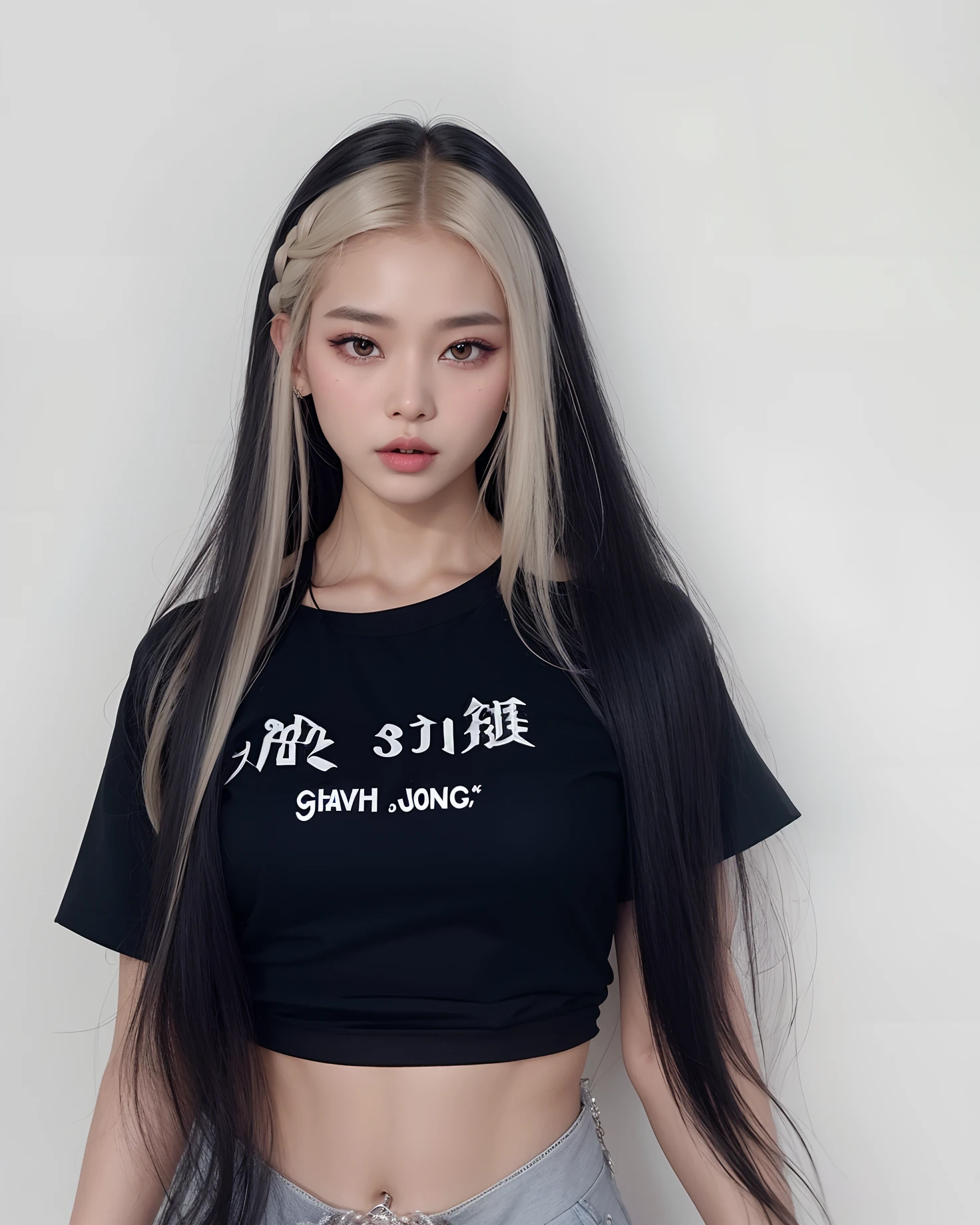 um close up de uma mulher com cabelos longos vestindo uma camisa preta, cruel korean goth girl, Asian girl with long hair, com cabelos longos, com cabelos longos brancos, her hair is white, com longos cabelos loiros, com longos cabelos brancos, branco hime corte penteado, Yanjun Chengt, menina com cabelo super longo, jossi do blackpink, O corte Hime