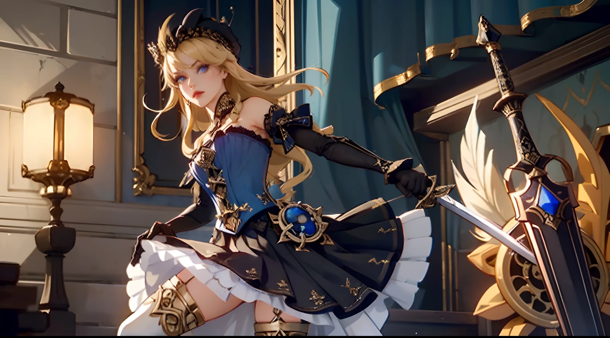 masterpiece,high quality,emotional impact,best shadow,cinemetic shot,perfect lighting,(bright),Navia \(genshin impact\), 1 (mature) female,(holding a sword,looking at viewer:1.3),long hair, embroided hat, solo, bow, black bow, blonde hair, hat feather, hair bow, feathers,long dress, black gloves, ((blue jewel headdress on the left)),sapphire \(gemstone\),thighhighs, jewelry, bare shoulders, corset, bow lace cuff, gold rudder shape decoration at the waist,four-point star in eyes, dark red lipstick and eyeshadow,armor