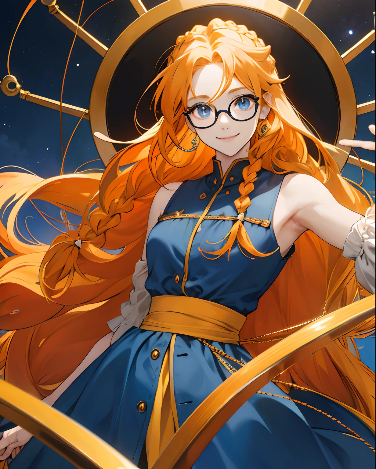 Two-dimensional anime beautiful girl,,Highest image quality,Long orange-yellow hair,Natural volumes,Huge braids hang down the back of the head,Big eyes,Deep blue eyes,Gold wire rimmed glasses,with a round face,adolable,There was a smile in his eyes