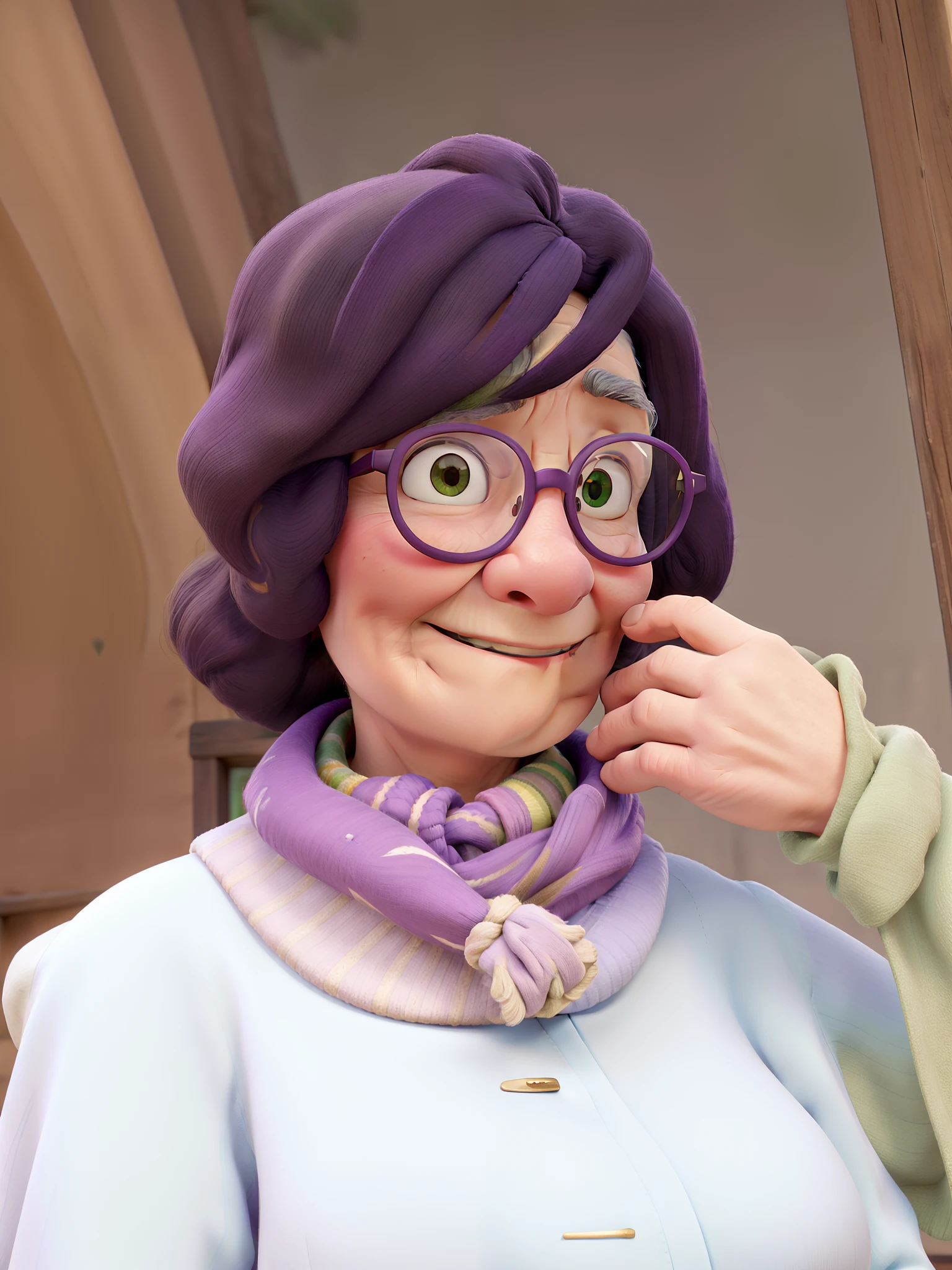 masterpiece, best quality, an old woman with glasses and a scarf on, wearing a purple coat and green scarf, standing at the park