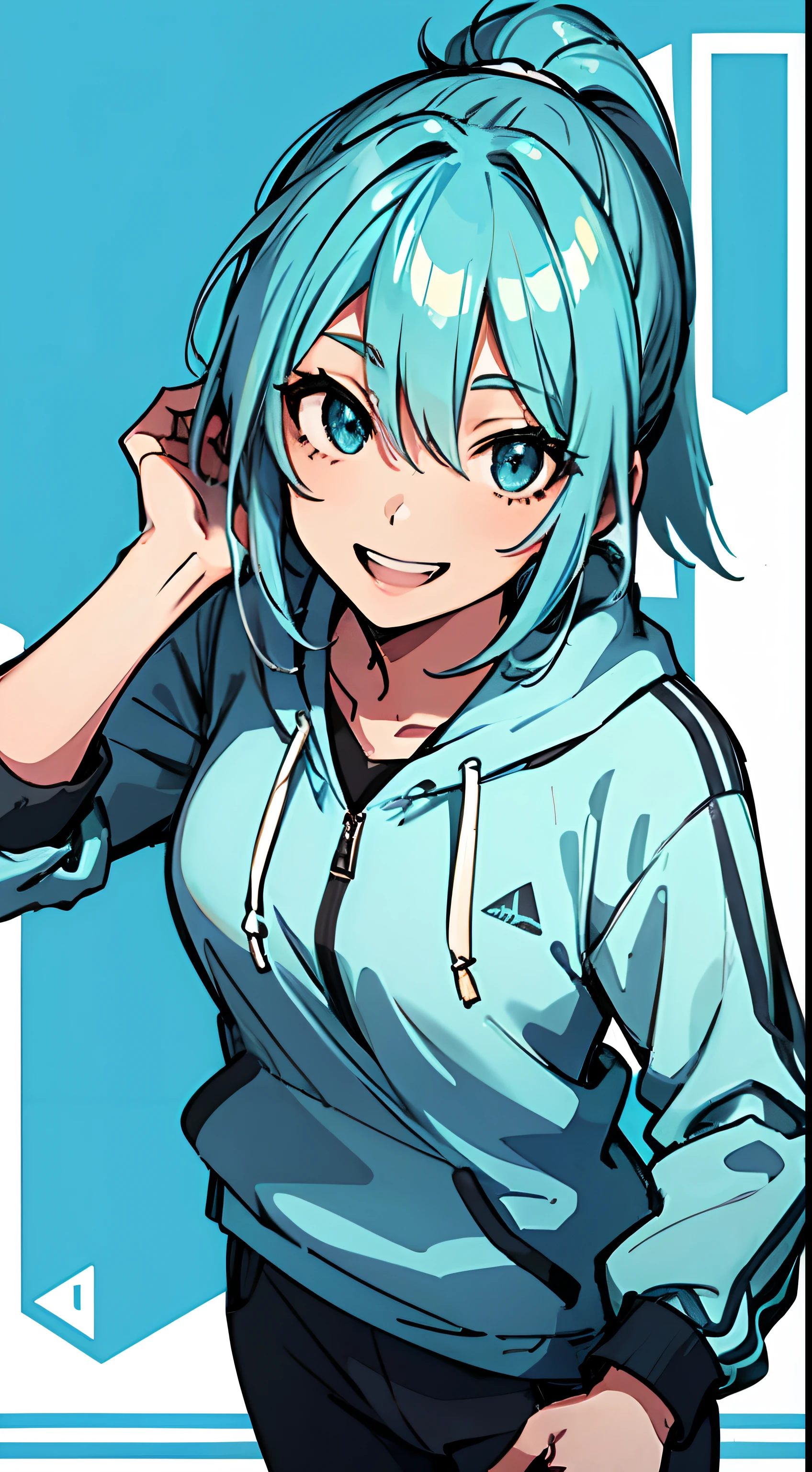 A girl with Aqua Blue Hair, Aqua blue eyes, Long Hair, Single Pony Tail, Wearing a White Hoodie and Track pants, smiling Portrait Picture, Anime Wallpaper