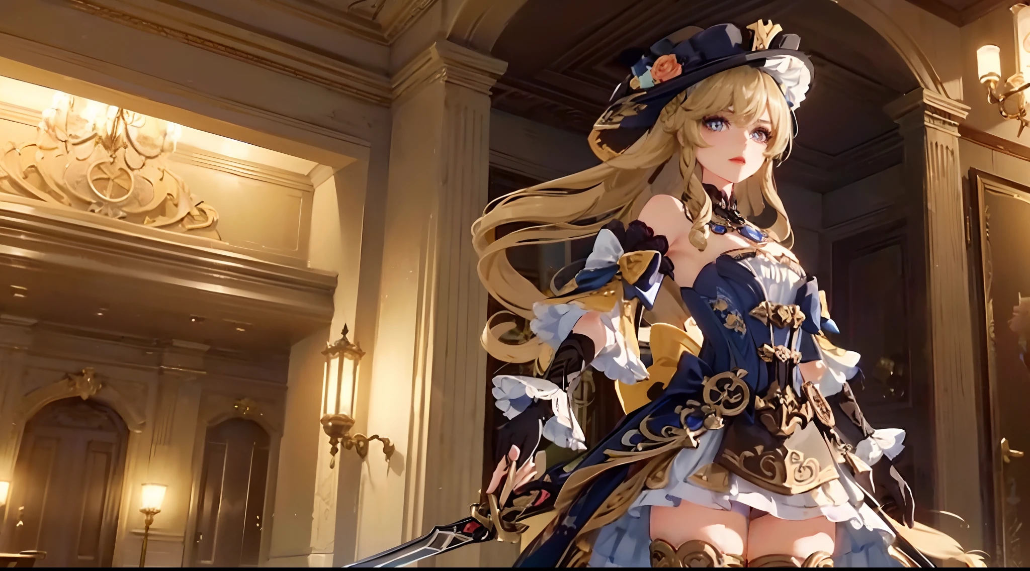 masterpiece,high quality,emotional impact,best shadow,cinemetic shot,perfect lighting,(bright),Navia \(genshin impact\), 1 (mature) female,(holding a sword,looking at viewer:1.3),long hair, embroided hat, solo, bow, black bow, blonde hair, hat feather, hair bow, feathers,long dress, black gloves, ((blue jewel headdress on the left)),sapphire \(gemstone\),thighhighs, jewelry, bare shoulders, corset, bow lace cuff, gold rudder shape decoration at the waist,four-point star in eyes, dark red lipstick and eyeshadow,armor