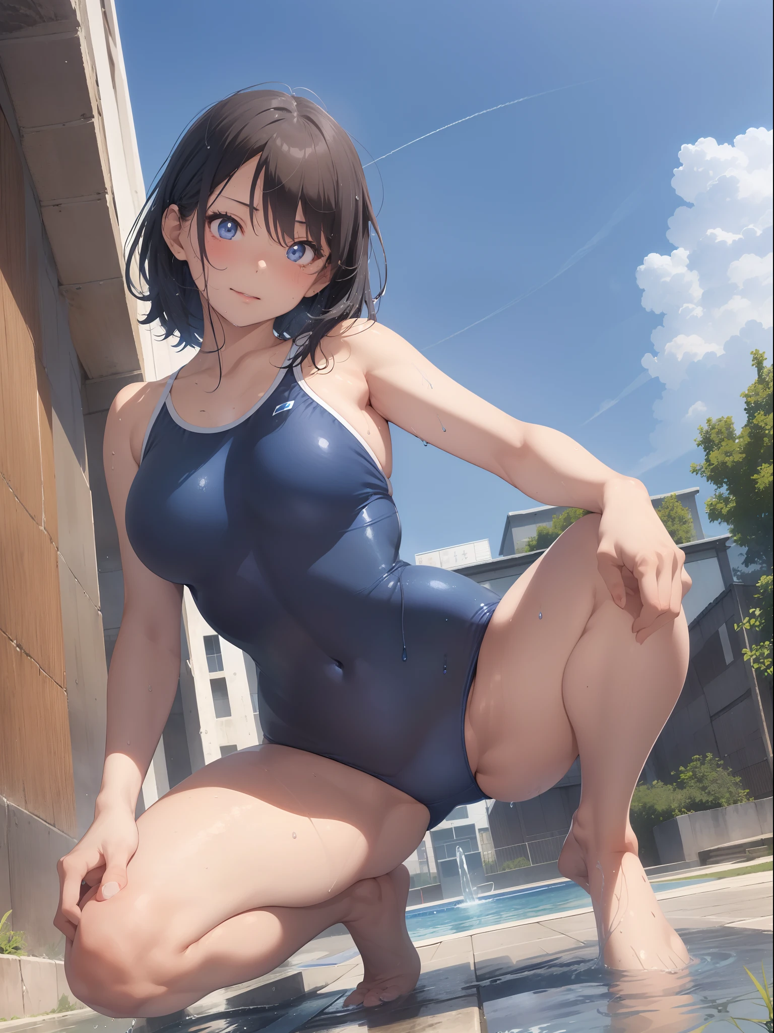 There is a woman in a blue bodysuit kneeling on a tiled floor, Wet swimsuit, wearing a swimming wear, Swimsuit, cute girl wearing a tank suit, Photorealistic perfect body, Smooth Anime CG Art, [ 4 k photorealism ]!!, realistic bikini, next to a pool, By Shinkai Makoto. a digital rendering, Photorealistic anime woman in blue and white swimsuit taking photo, akikazu mizuno, Swimsuit, Wet swimsuit, Sui Ishida, wearing a swimming wear, Yasumoto Oka, Kazue Kato, mayuri shiina, Shiori Teshirogi, wearing leotard, Chiho Ashima, Aoi Ogata Formal Up、beautiful detailed eyes and face、pretty skin、a very cute、22year old、School swim wear(darkblue、Simple design、Matte texture、Wrinkle、Polyester material、Nero、shadings、)Wet body、Anime Face、Beautie、Facing the front、big eye(Beautiful fece、Anime Face、Clear eyes、Fine details、Beautiful eyes)Well-formed face(Beautiful nasal muscles、Perplexed、sharp mouth)full of sweat、sodden、Wet feeling、Background with(sunny sky、takeout)、8K picture quality、perfectly proportions、A slender、red blush、female focus on, hair adornments,length hair, Look at viewers,((((Full-HD))))