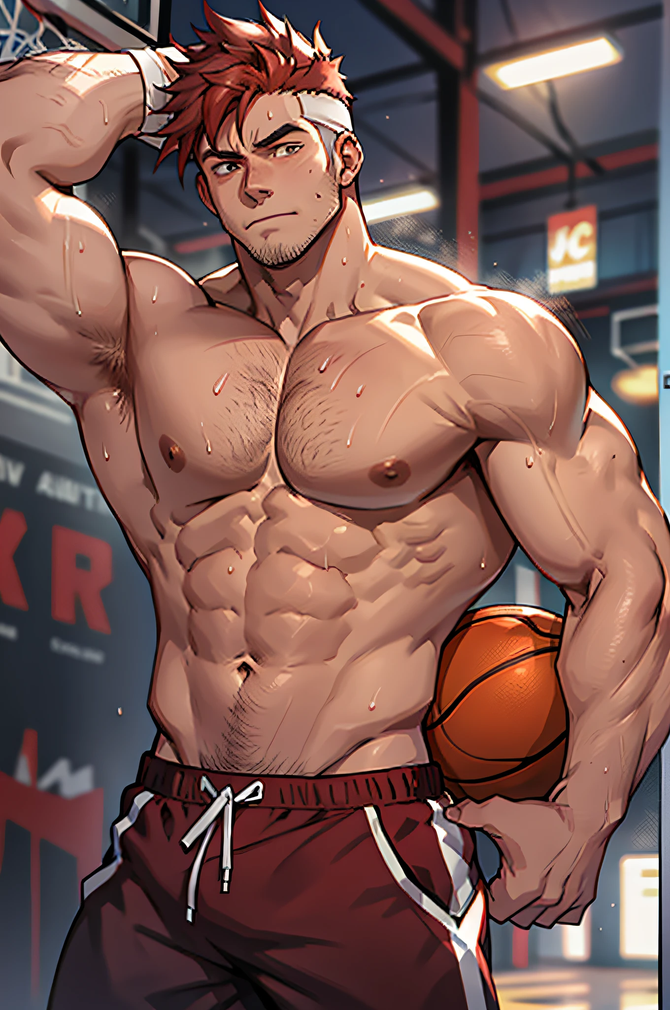 Male, Masculine, Hirsute, Red hair, European, flex, Pale skin, Sweat, basketball player, Hold a basketball