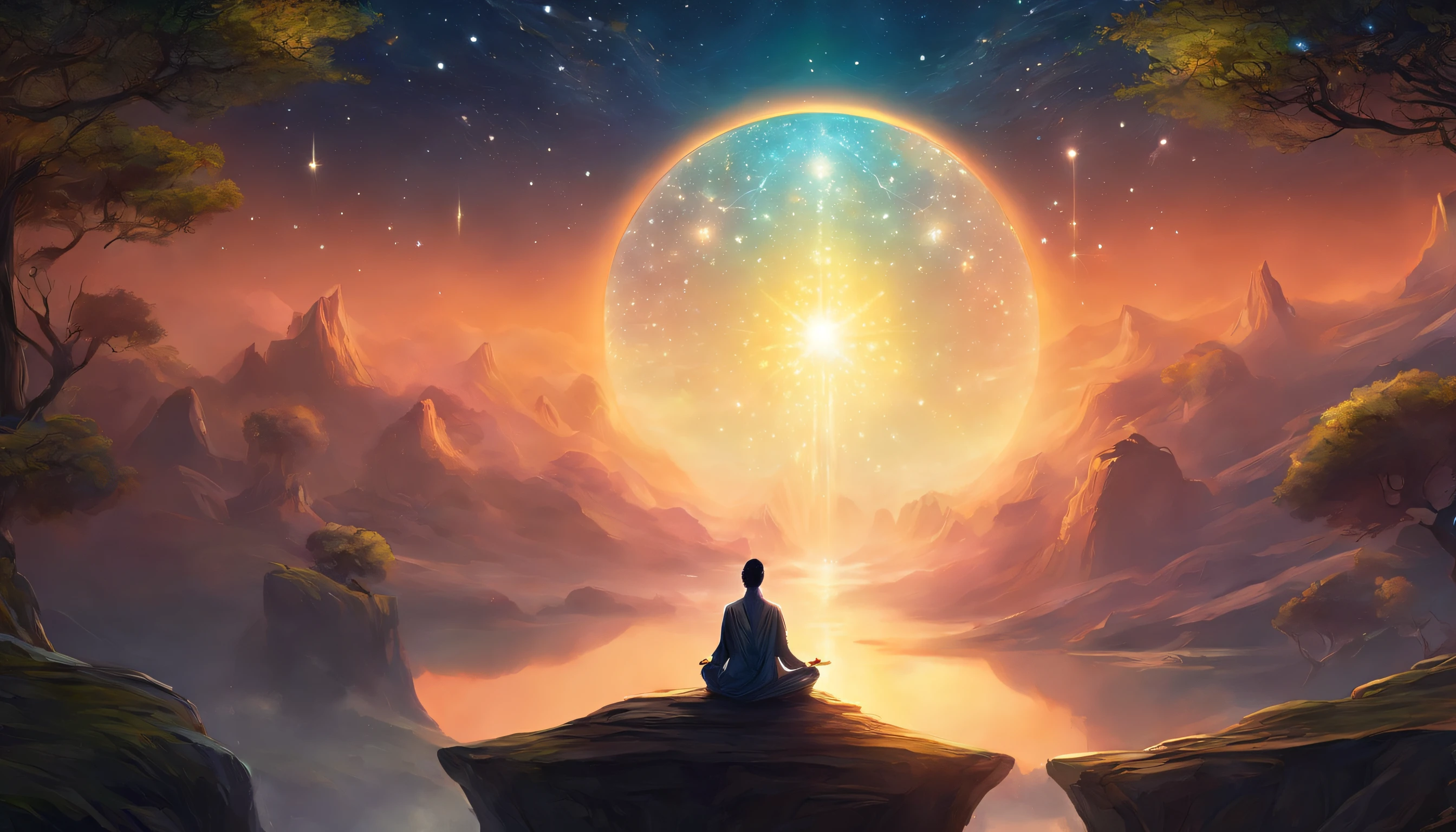 Facing the audience, full body meditation posture, hands on thighs, 50-year-old Asian middle-aged wise man meditates with eyes closed, peaceful look, meditates, has white long beard, cross-legged meditates, wears white grey robe, , the entire Milky Way starry sky, majestic, starlight rising, in the center, facing the camera, very bright colors, light particles, glowing with light, Mshiv, wallpaper art, ultra high definition wallpaper