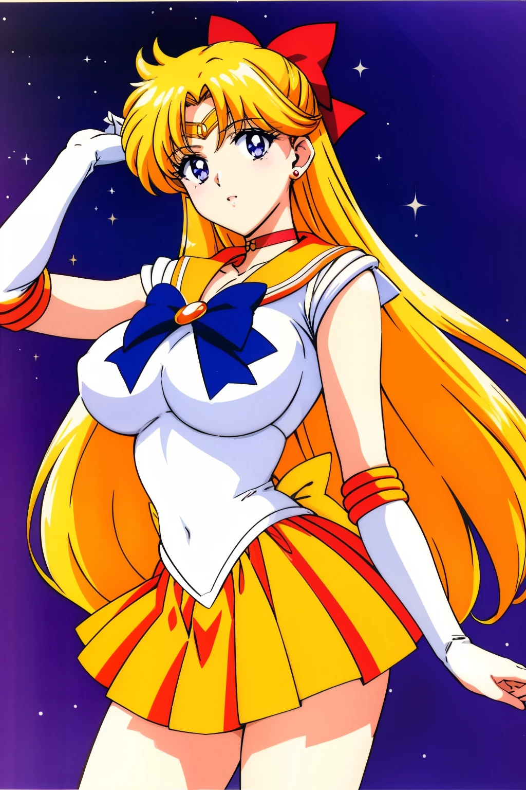 1990s \(style\), 1990s anime cels style, masterpiece, best quality, high resolution, large breasts, 1girl, solo, MinakoAino, bangs, (sailor Venus ,hair bow, elbow gloves, neck ribbon, bangs, long hair, circlet, jewelry, flower earrings, orange sailor collar), (embarrassed), orange skirt, sitting, wariza