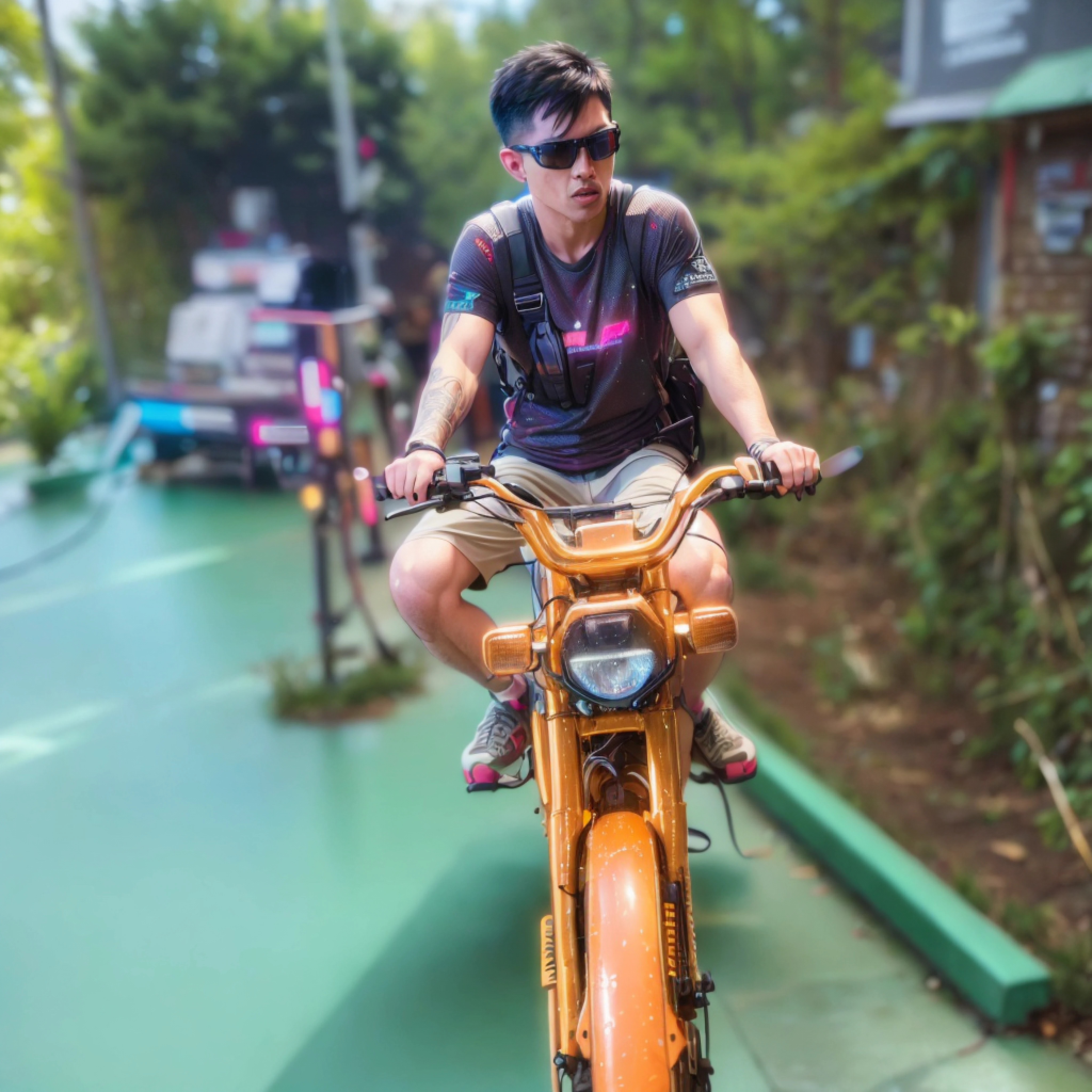 a motorcycle, narrow path, action, adventure, extreme sports, adrenaline, speed, thrill, go pro hero8, biking gear, protective clothing, sunglasses, cool, confident, futuristic, futuristic cityscape, robotic elements, sci-fi, dystopian, smoke, exhaust, tattooed, black hair, rebellious, freedom, rebellion, edgy, dangerous, urban, graffiti, urban decay, rainy, wet, slippery, fast-paced, intense, immersive, excitement, skilled riding, skilled maneuvers, fierce expression, determined, focused, high-speed chase, curves, twists and turns, challenging, bumpy road, obstacles, jumps, thrilling jumps, dynamic, energetic, vibrant, motion blurred background, excitement in the air, intense colors, neon lights. (best quality, 4k, highres:1.2), ultra-detailed, (realistic, photorealistic:1.37), HDR, studio lighting, vivid colors, dynamic lighting effects, bokeh.
