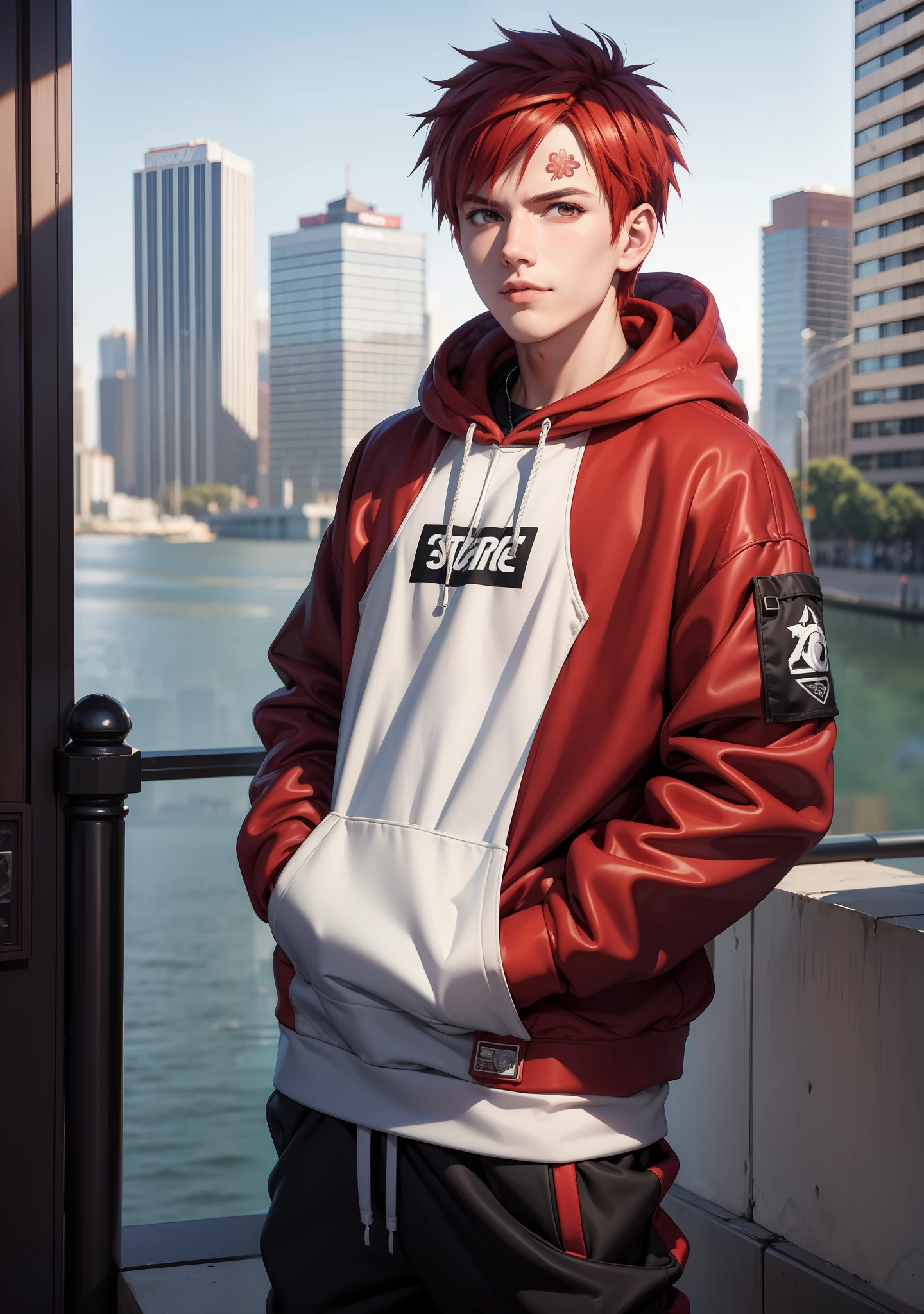 masterpiece, ultra-detailed, 1boy, male focus, upper body shot, Gaara wearing Streetwear Hoodie, red hair, look at viewer, happy face, Hands in pockets, vibrant colors, cityscape background, dinamic lighting, highly detailed face, stylish, urban style, cool attitude, bokeh, blurry background,