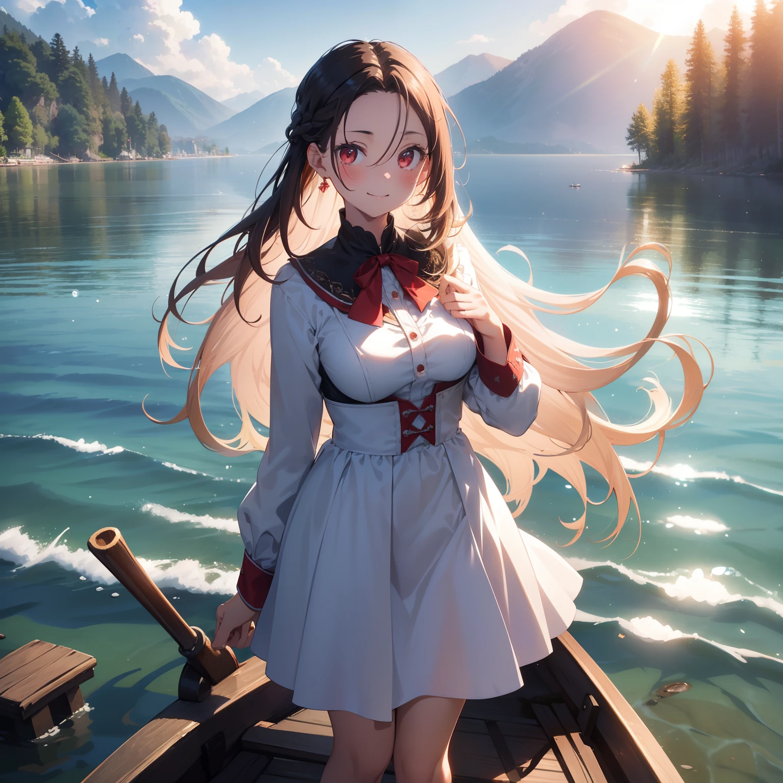 (masutepiece,Best Quality,8K),(extremely detailed CG1.1),Girl standing on the surface of the water emitting a beautiful light,Smile,large boob,(From below:1.2),Intricate details , Hyper realistic, Perfect Anatomy,A dark-haired,Red Eyes,(((Forehead))),Permed hair with wavy hair,(((length hair))),Hair over one eye,hair slicked back,(((Standing))),Full body,weddingdress,blush,Happy smile,A quaint lakeside village with colorful rowboats on the shore, Water droplets,Lens Flare,Wind,Magnificent view,(chromatic abberation:1.3),Dynamic Angle,bird flocks,Cowboy Shot,Looking at Viewer