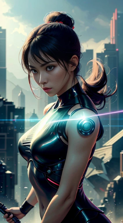 Futuristic kung fu girl，futuristic urban background，full bodyesbian，Chinese Kung Fu，Sharp eyes，Clear facial features，She wears a school uniform，The body is surrounded by purple mist，Runes surround you，Martial arts action，Holographic reality，holographic halo，dynamic blur，Game lighting effects，rim-light，Soft light，cinematic rim light，The light is delicate，Beautiful martial arts, Science-fi digital art illustration, The art of digital kung fu, science fiction digital painting, futuristic digital painting, futuristic concept art, in front of a sci fi cityscape, science fiction digital art, Advanced digital cyberpunk art, Fantastic kung fu woman