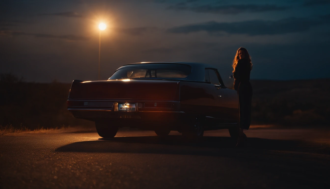Beautiful woman with a car behind her at night, twilight sky, night lights, night sky, sunset sky, night drive, ultra detailed, photorealistic, cinematic, masterpiece.