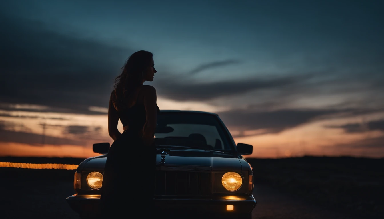 Beautiful woman with a car behind her at night, twilight sky, night lights, night sky, sunset sky, night drive, ultra detailed, photorealistic, cinematic, masterpiece.