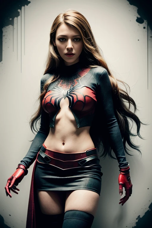 Jennifer Garner、Sticking out the navel、newyork、She wears a torn Spider-Man suit,wearing skirt、 Red and black color scheme,Dynamic、masterpiece、top-quality、ultra-detailliert、ighly detailed、beautiful detailed brilliance、超A high resolution