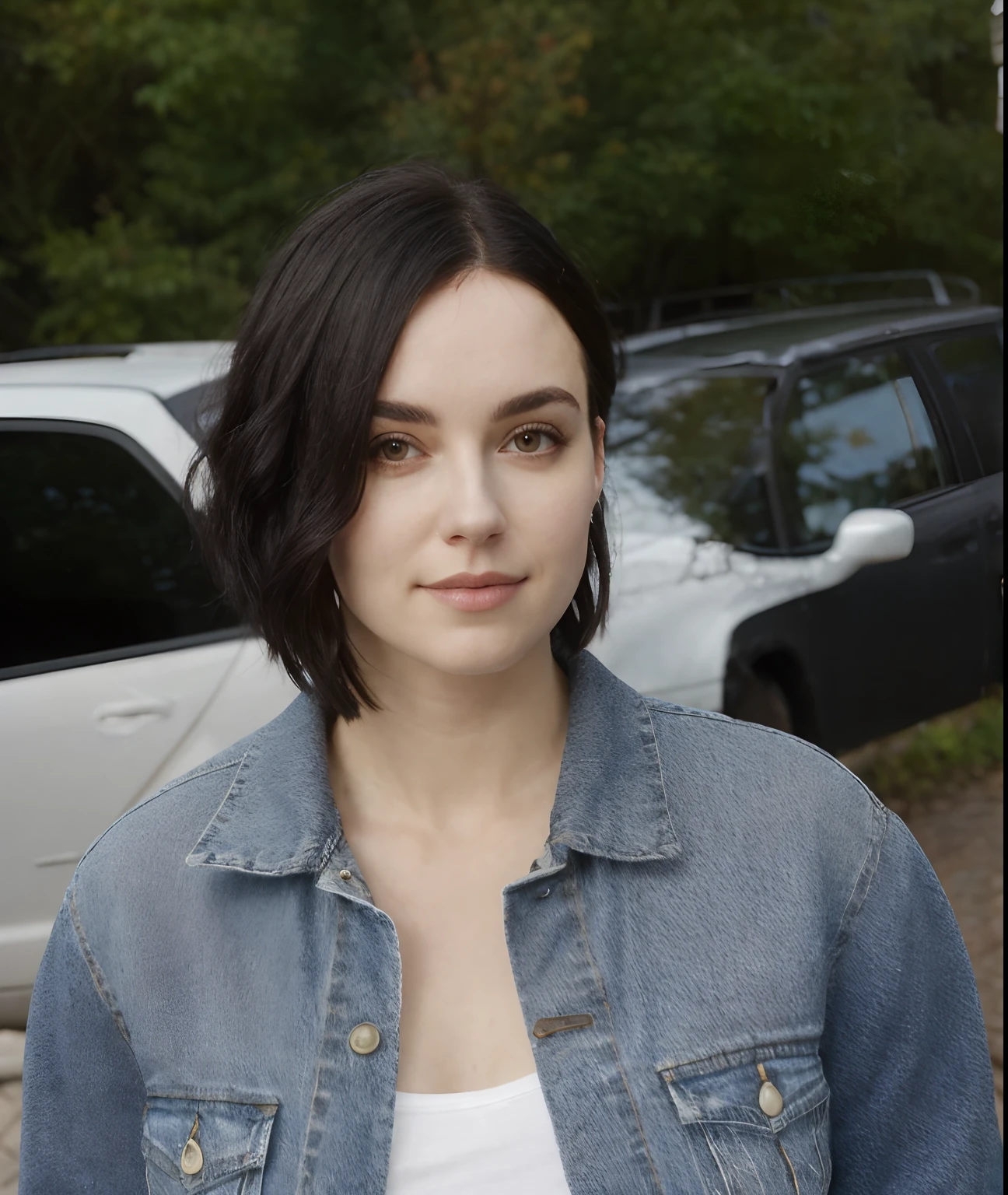 1girl, 8k, hd, there is a woman with a black hair and denim jacket, short hair, russian girl, hyper realistic style, photorealistic artstyle, photography, female lead character, female protagonist, cinematic realistic portrait, sunny day, raw image, candid, lora:ReaLora:0.7, young girl, 20 years old, looking at camera