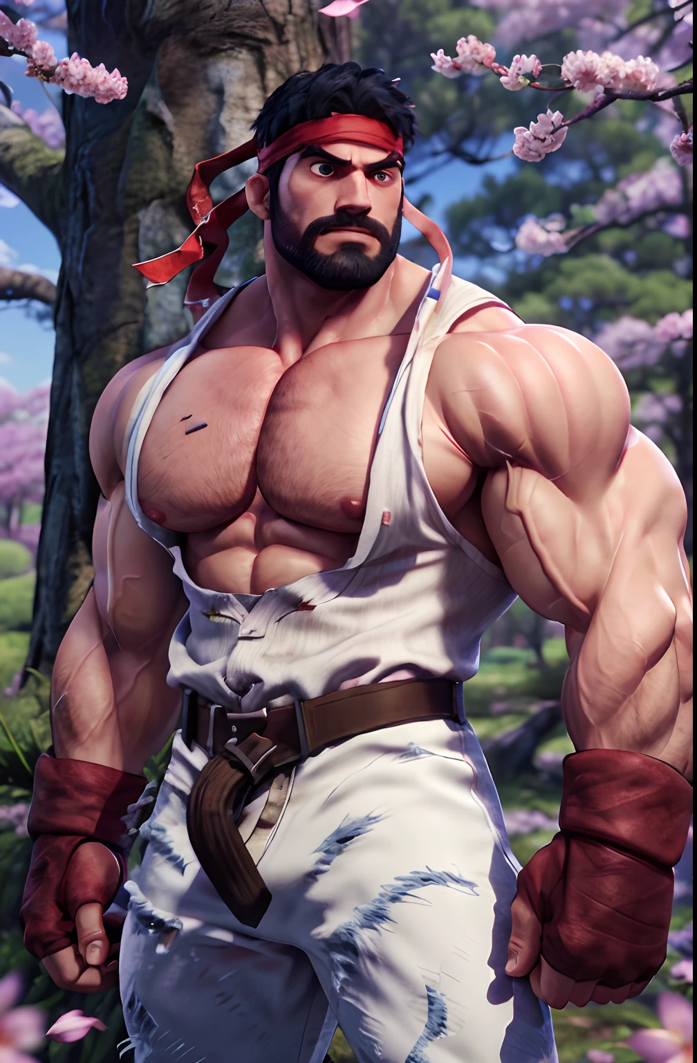 (masutepiece, Best Quality:1.2), Cowboy Shot, Solo, Male Focus, 1boy, Ryu \(nffsw\), Middle Age, Serious, determined face, White skin, Looking at Viewer, Black hair, Thick blackbeard, Detailed face, tall, hunk, muscular, broad shoulder, big physique, wounds, Wearing a large white cedar tree, New White Dougi Shirt, White dogi pants, Red headband, Fingerless gloves, blue aura, Cherry blossoms on background, detaileds、Bulge、bignipple、Exposed pectoral muscles、big shoulders