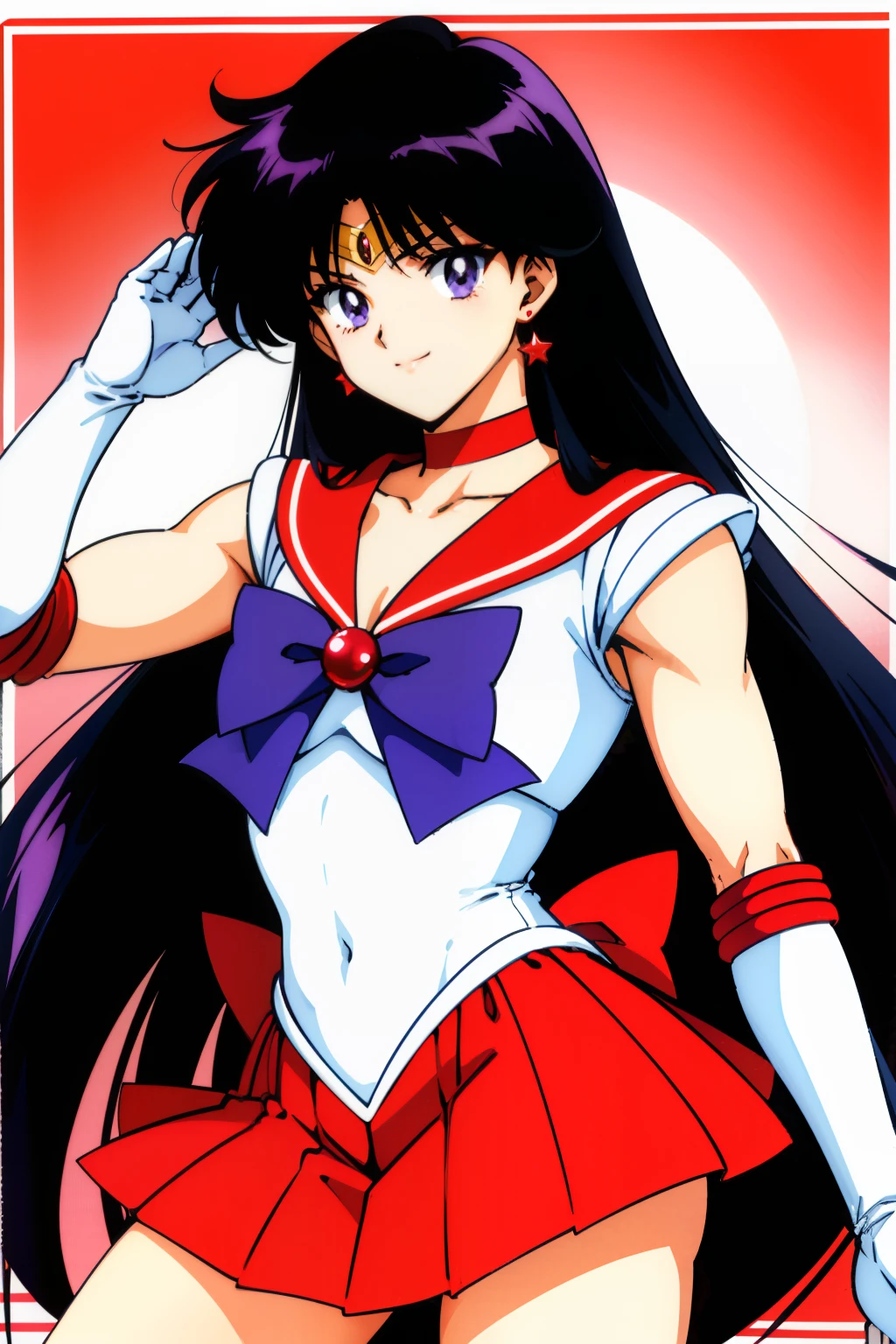 hino_rei, huge_breasts, standing, solo, White_leotard_Red_sailor_collar_Red_miniskirt_White_gloves_Red_High_heels_Red_choker_Purple_bowtie_Red_back_bow_Circlet_Red_brooch_Short_sleeves, starry_sky,, masterpiece, best quality, detailed face, detailed eyes, highres,