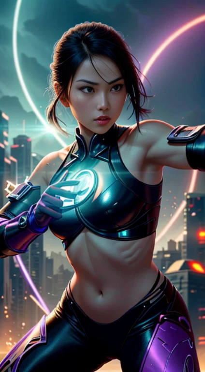 Futuristic kung fu girl,futuristic urban background,full bodyesbian,Chinese Kung Fu,Sharp eyes,Clear facial features,She wears a school uniform,The body is surrounded by purple mist,Runes surround you,Martial arts action,Holographic reality,holographic halo,dynamic blur,Game lighting effects,rim-light,Soft light,cinematic rim light,The light is delicate,Beautiful martial arts, Science-fi digital art illustration, The art of digital kung fu, science fiction digital painting, futuristic digital painting, futuristic concept art, in front of a sci fi cityscape, science fiction digital art, Advanced digital cyberpunk art, Fantastic kung fu woman