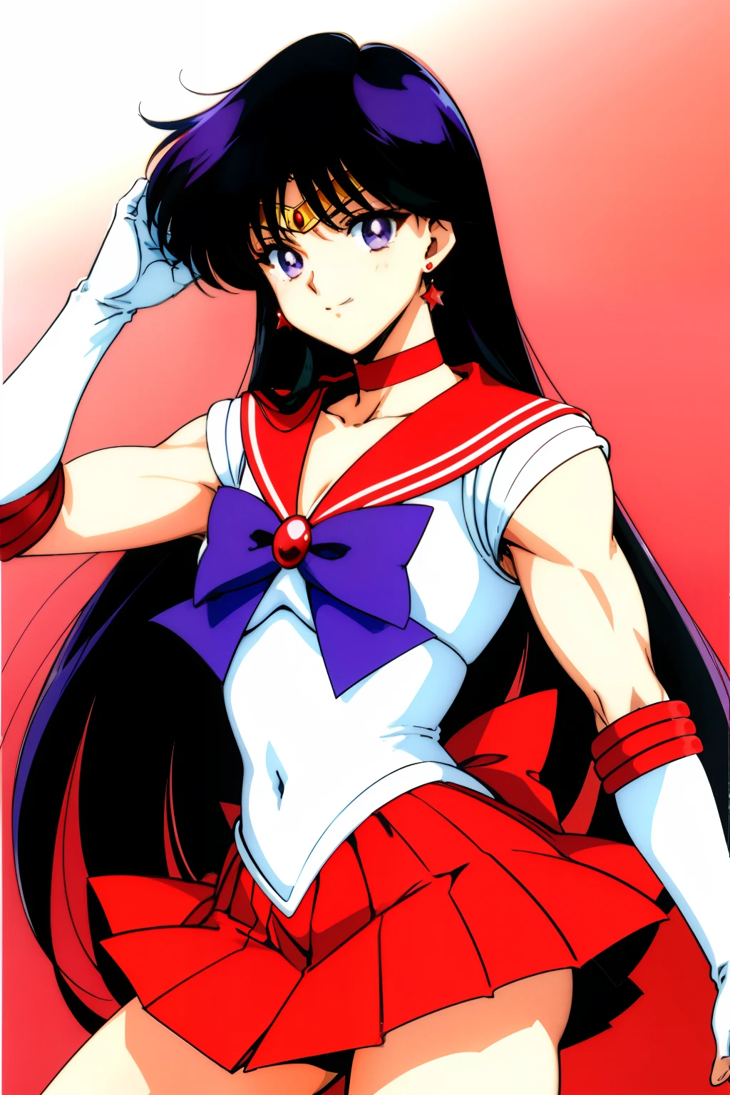 top-quality、masterpiece、Anime Boy、Cool boys、Junior high school boys、solo、jewelry、Star earrings、Rei Hino、gender change、Sailor Mars、gender change(Girls to boys)、Sailor Senshi Uniform、Boy with very long black hair、white glove、elbowgloves、skirt、Red sailor collar、Blue bow tie、White leotard、highleg leotard、robe blanche、covered_navel、rating:safe、Hands on buttocks、Magical Boy、a red skirt、red_background、smile、bow、back_bow、cowboy_shot、a miniskirt、pleatedskirt、circlet、looking_at_viewer、collarbone、Boy with Purple Eyes、Blue-eyed boy、closed_mouth、Muscular men、Boy standing、a red choker、bangs、brooch、Bare shoulders、bare legs、Hymns to the King as a Prince、Classic Boy、(1990's\(styles\):0.9)、