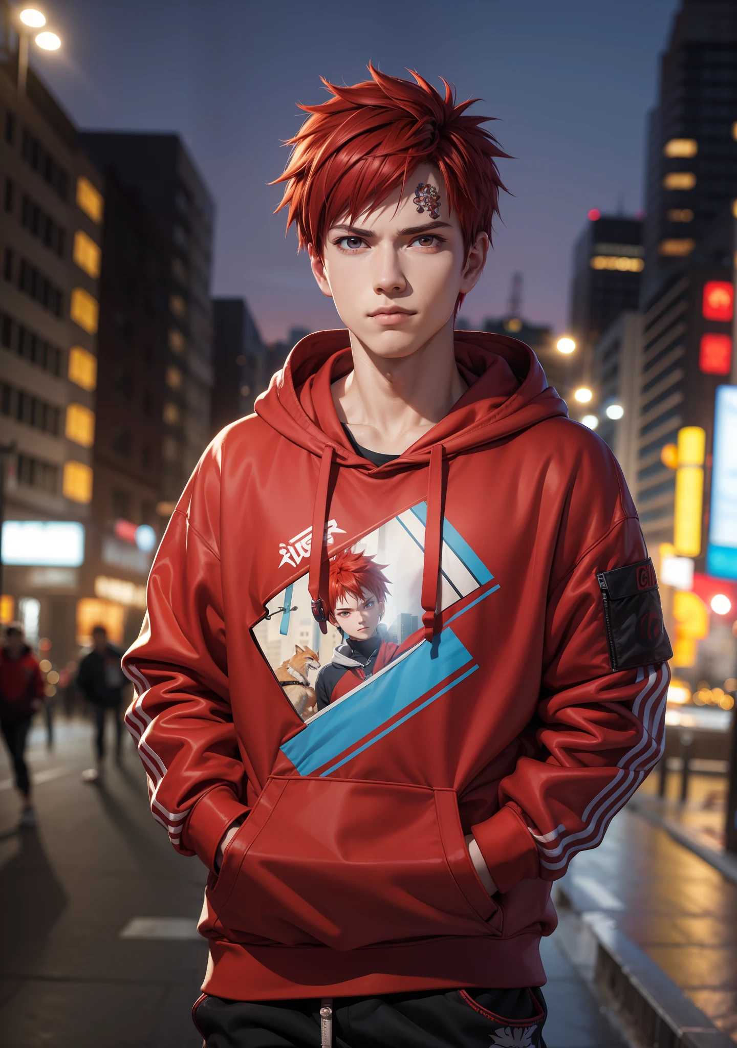 masterpiece, ultra-detailed, 1boy, male focus, upper body shot, Gaara wearing Streetwear Hoodie, red hair, look at viewer, happy face, Hands in pockets, vibrant colors, cityscape background, dinamic lighting, highly detailed face, stylish, urban style, cool attitude, bokeh, blurry background,