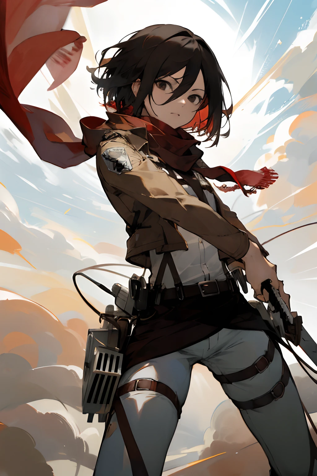 masterpiece, best quality, highres, hmmikasa, short hair, black eyes, scarf, emblem, belt, thigh strap, red scarf, white pants, brown jacket, long sleeves, holding weapon, sword, dual wielding, three-dimensional maneuver gear, fighting stance, sky,