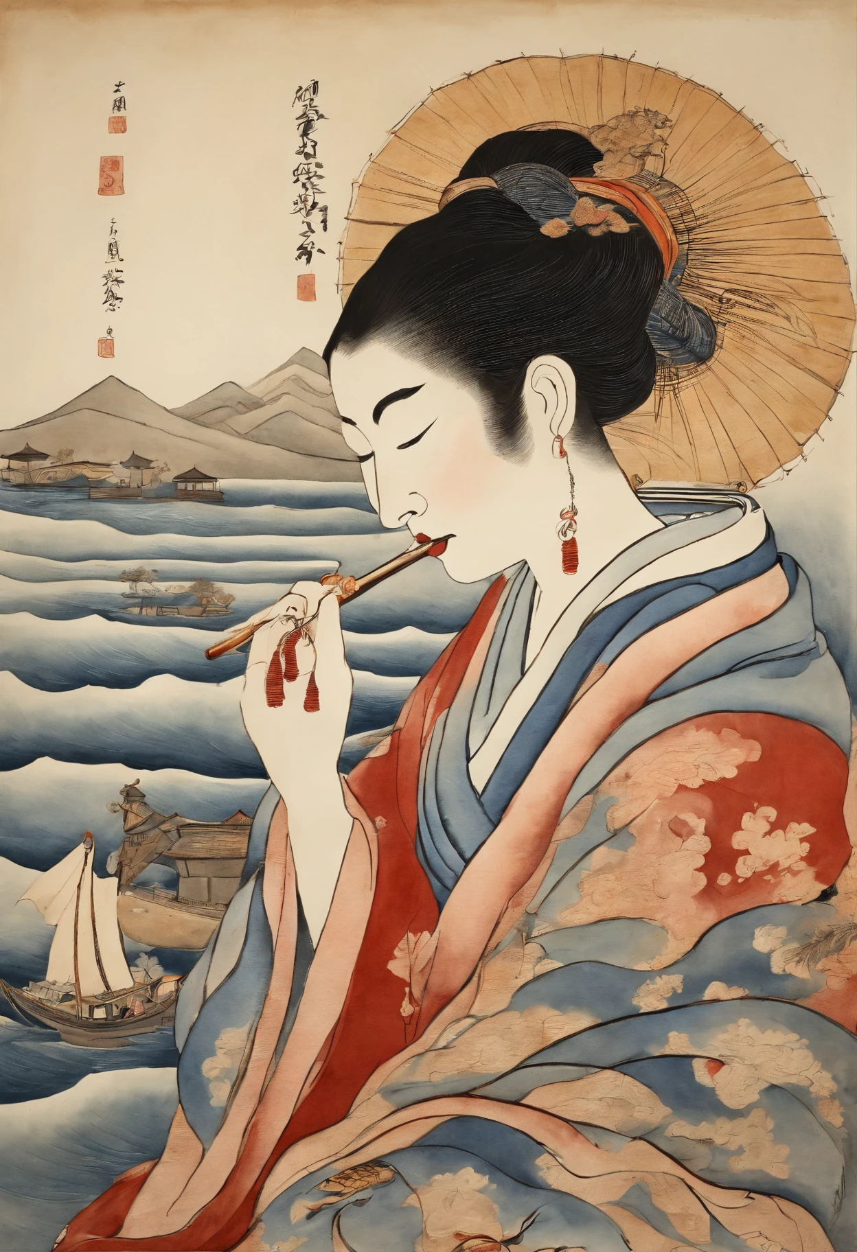 Best Quality, style of hokusai, ukiyoe painting, femele,Smoke pipes,scroll