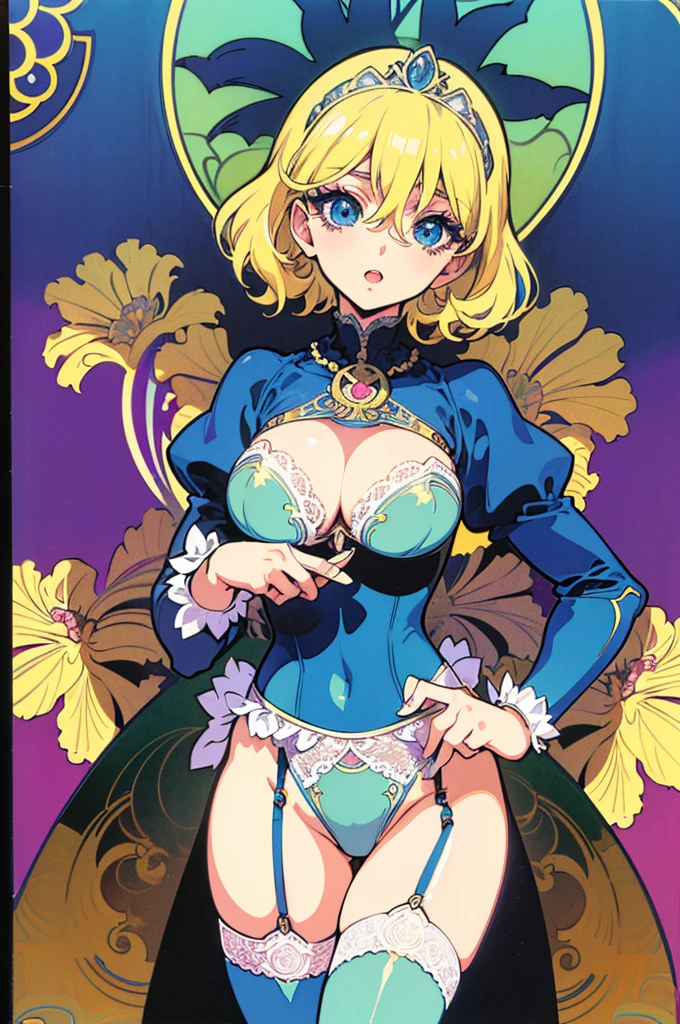 "(masterpiece:1.1), best quality,
1girl, (80s anime style:1.4), (eyelashes:1.5),
(intricate high detailed body:1.2),
blonde hair,
(hair between eyes:1.1), (short hair, wavy hair:1.1), (tiara:1.2),
blue eyes,
( body:1.2), (huge breasts:1.1),
light smile, open mouth,
(lace leotard armor, cleavage cutout:1.2), (garter belt:1.2),
(frill:1.1), (jewelry:1.1), necklace,
standing, peace,
(cowboy shot:1.1),
(bright, vivid color, floral frame, decorative panels, abstract artistic, by Alphonse Mucha:1.1)"