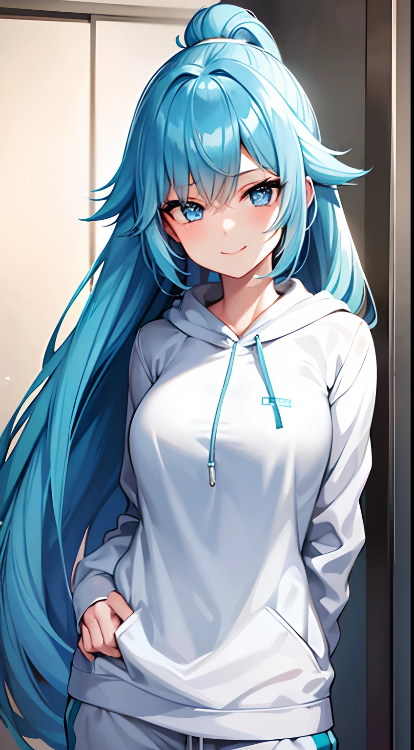 A girl with Aqua Blue Hair, Aqua blue eyes, Long Hair, Single Pony Tail, Wearing a White Hoodie and Track pants, smiling Portrait Picture, Anime Wallpaper